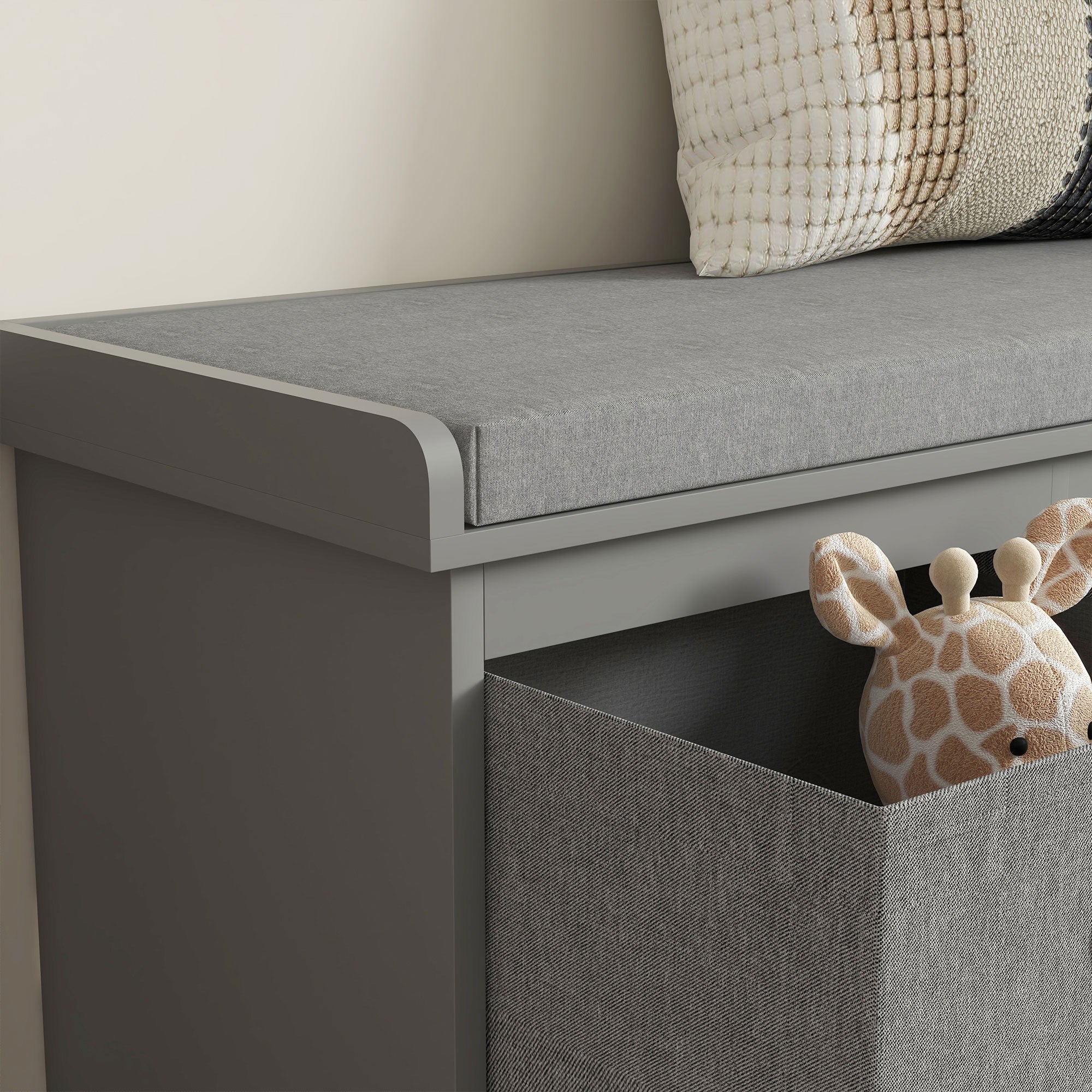 Three-Drawer Shoe Storage Bench, with Padded Top Seat - Grey