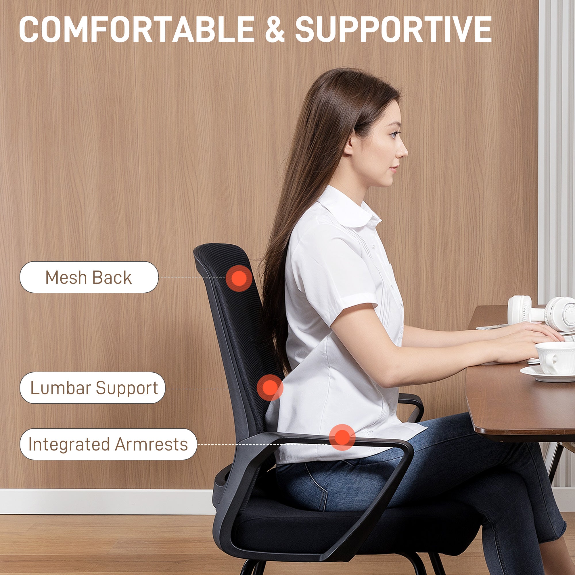 Desk Chair No Wheels, Office Chair with Mesh Back, Lumbar Support, Metal Base for Waiting Room, Conference Room, Black