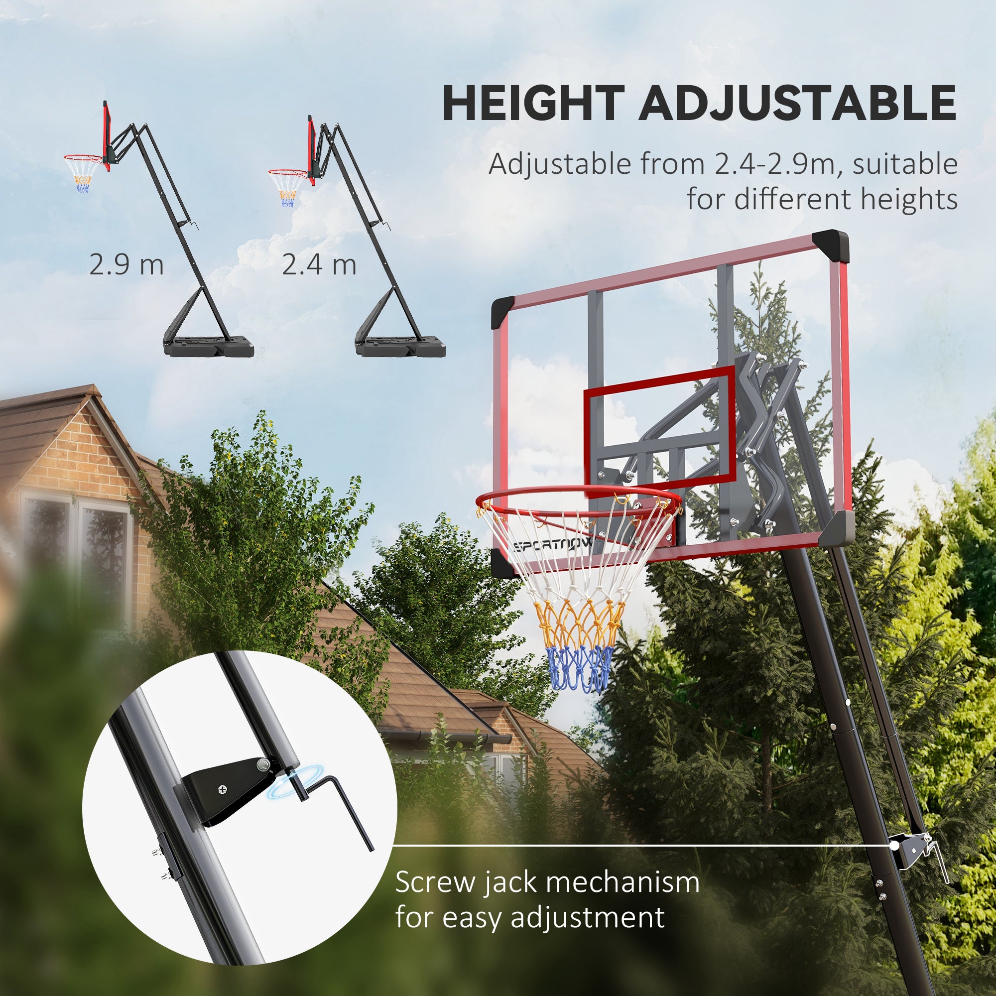 2.4-2.9m Adjustable Basketball Hoop and Stand with Weighted Base, Portable on Wheels, Red