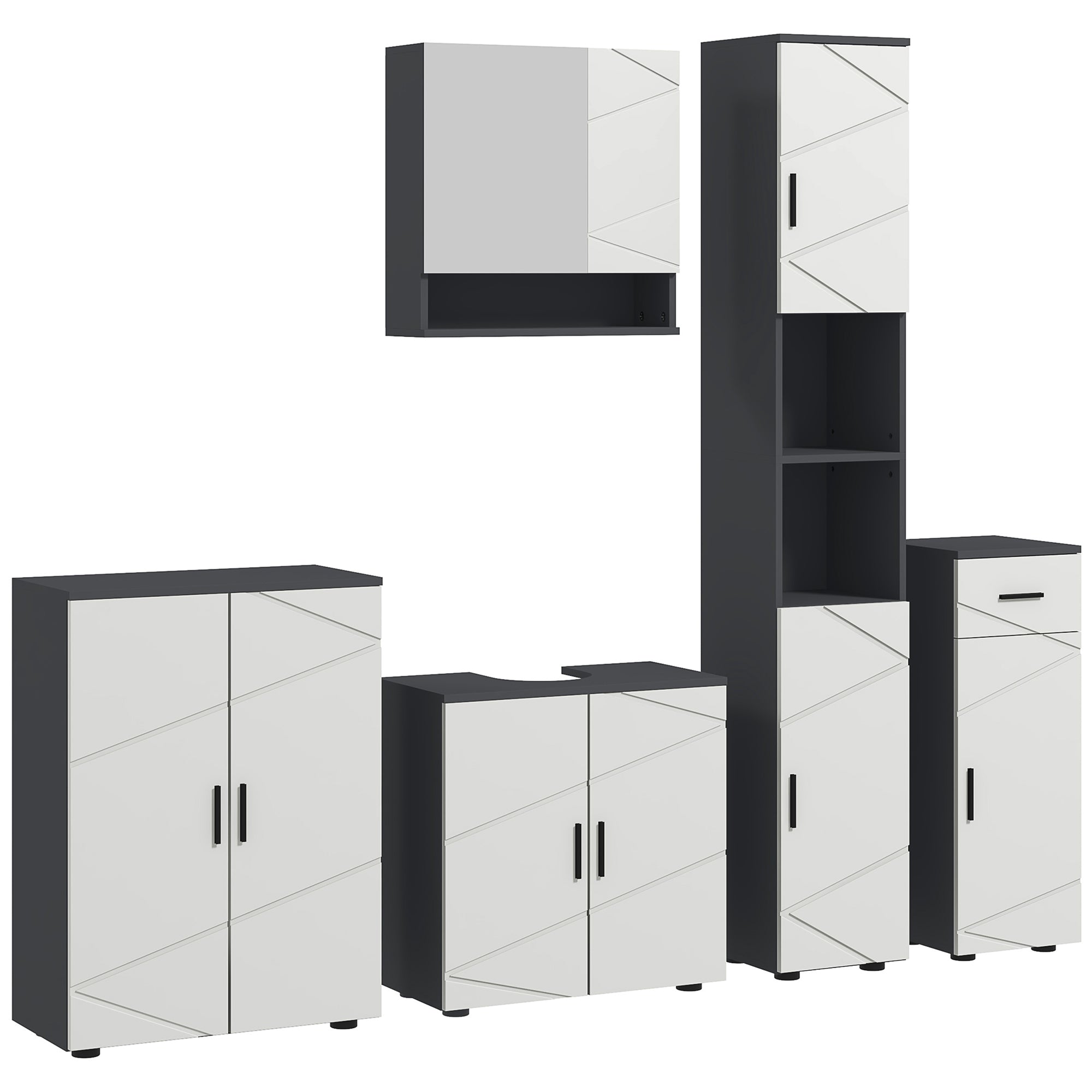 5-Piece Bathroom Furniture Set, Bathroom Storage Cabinet with Doors and Shelves, Tall and Small Floor Cabinets, Wall-mounted Mirror Cabinet, Pedestal Sink Cabinet, Grey