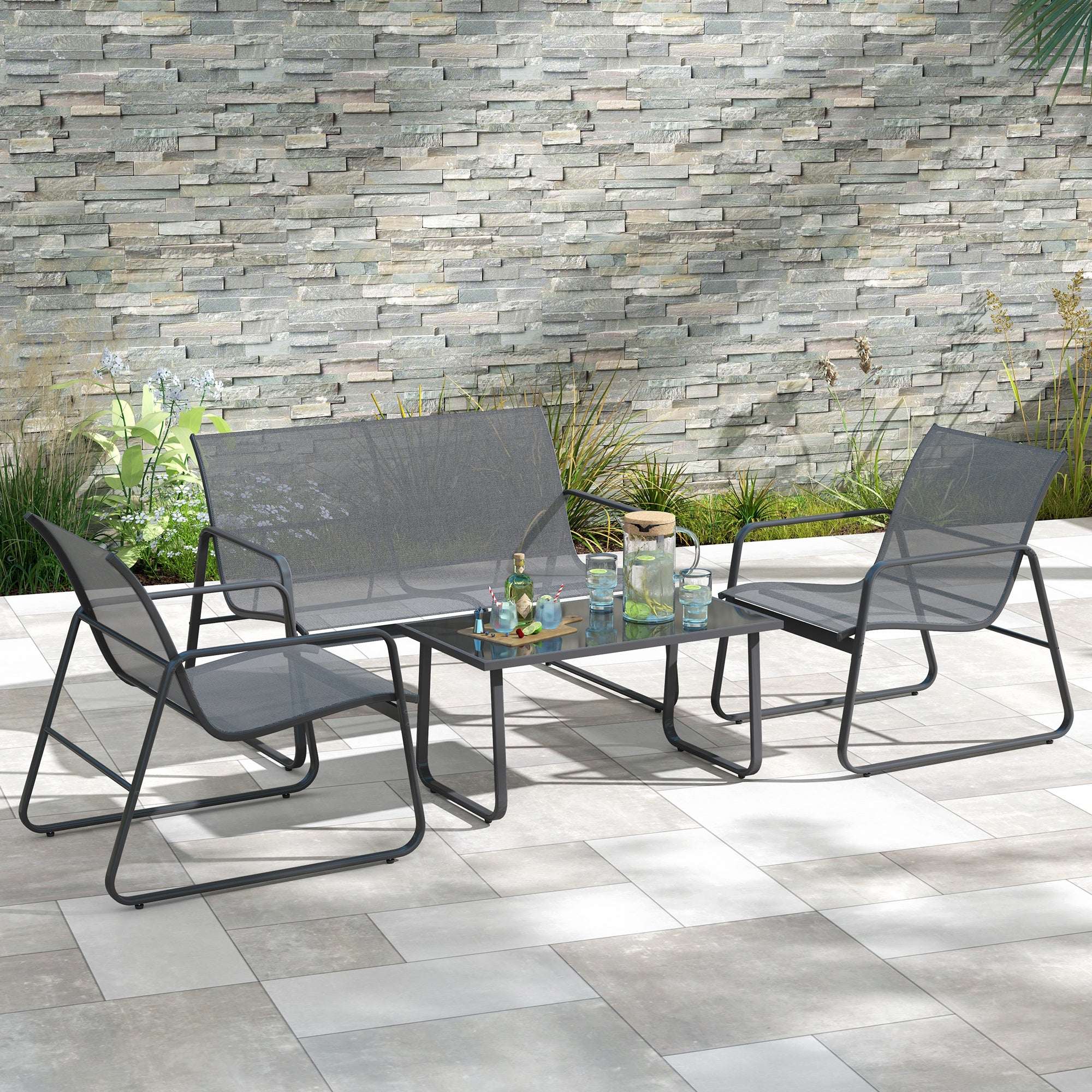 4 Piece Outdoor Garden Furniture Set with Double and Single Chairs & Glass Top Table - Light Grey