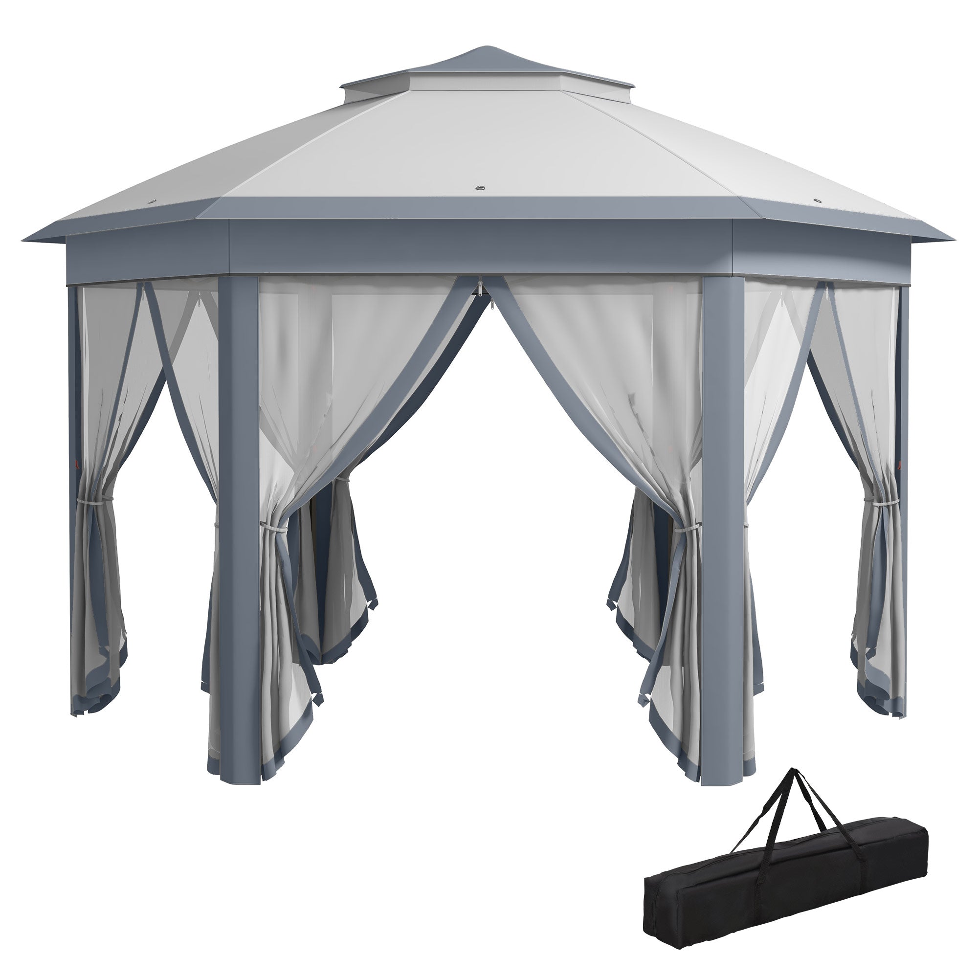 3 x 4m Metal Frame Hexagon Gazebo, with Curtains - Grey