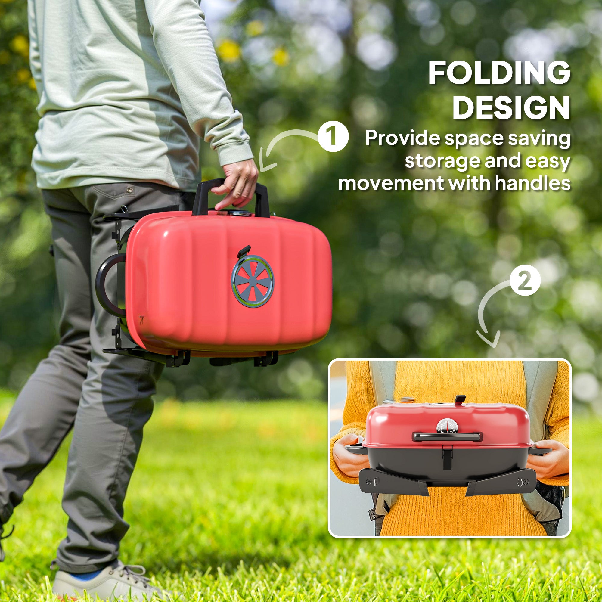 Charcoal Barbecue Grill Folding Portable BBQ Grill for Camping with 1232 cm² Cooking Area, Adjustable Vent, Thermometer, Handles for Picnic, 59 x 37 x 36 cm, Red