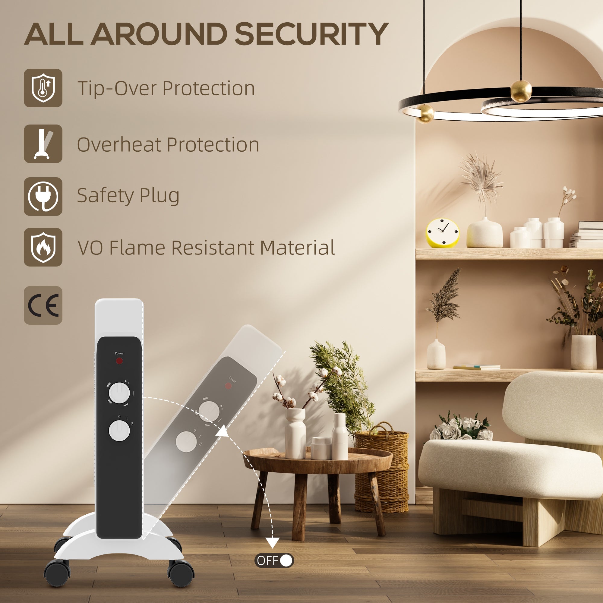 2kW Electric Heater with Adjustable 10-45°C Temperature - White