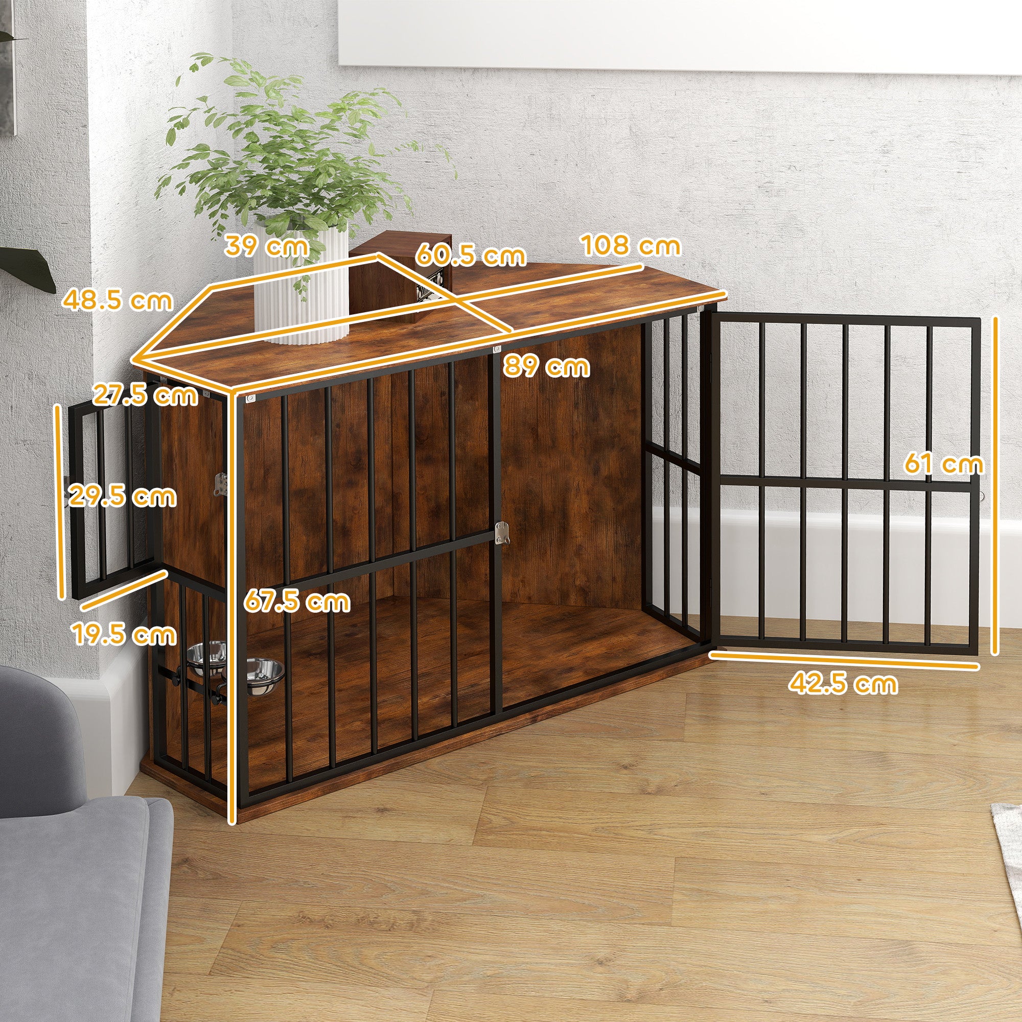 Corner Dog Crate Furniture with 2 Bowls, Lockable Doors, for Small Medium Dogs, Rustic Brown