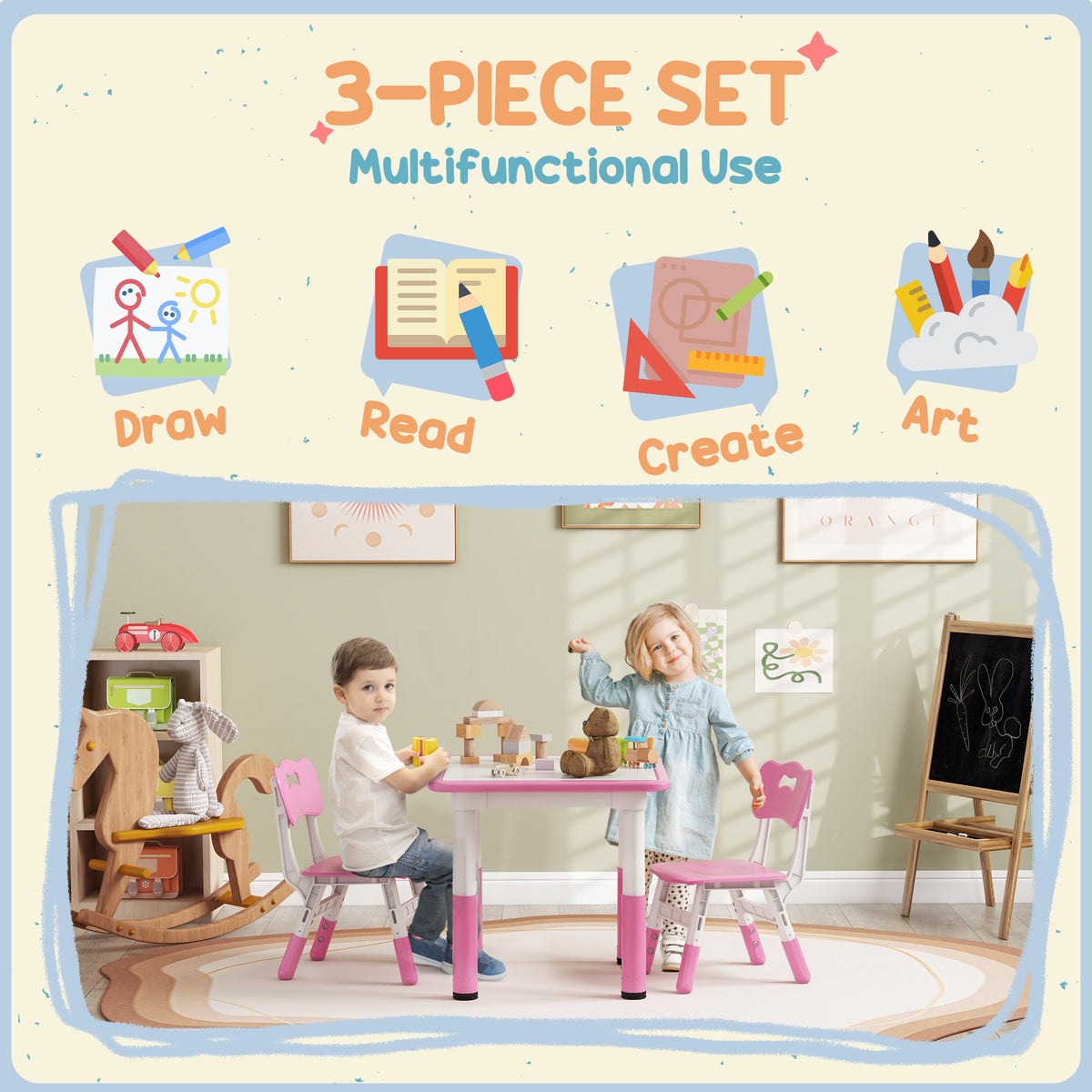 3 Piece Height Adjustable Toddler Table and Chair Set - Pink