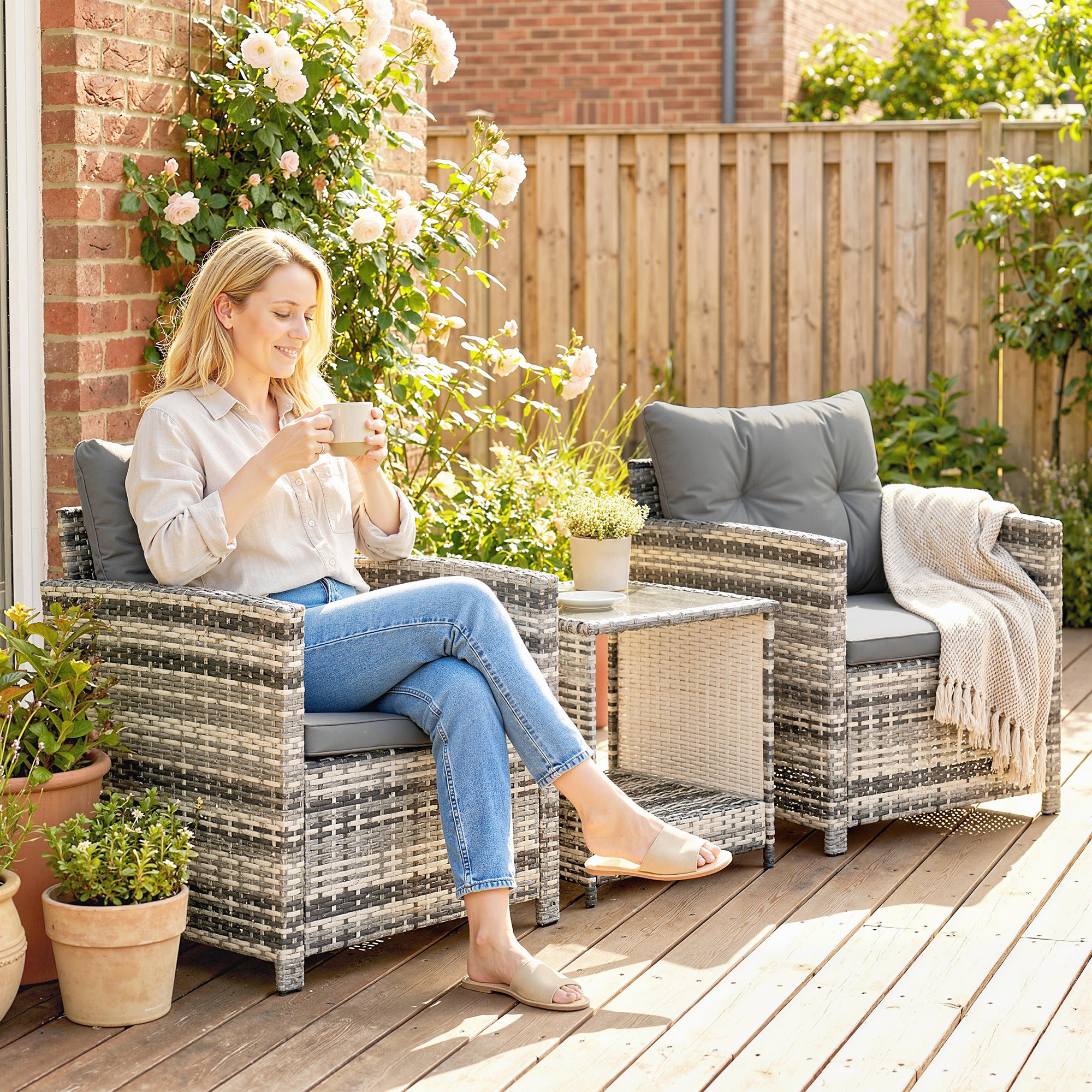 Rattan Bistro Set, 3 Piece Garden Furniture Set with 2 Tier Glass Top Table and Cushions, Mixed Grey