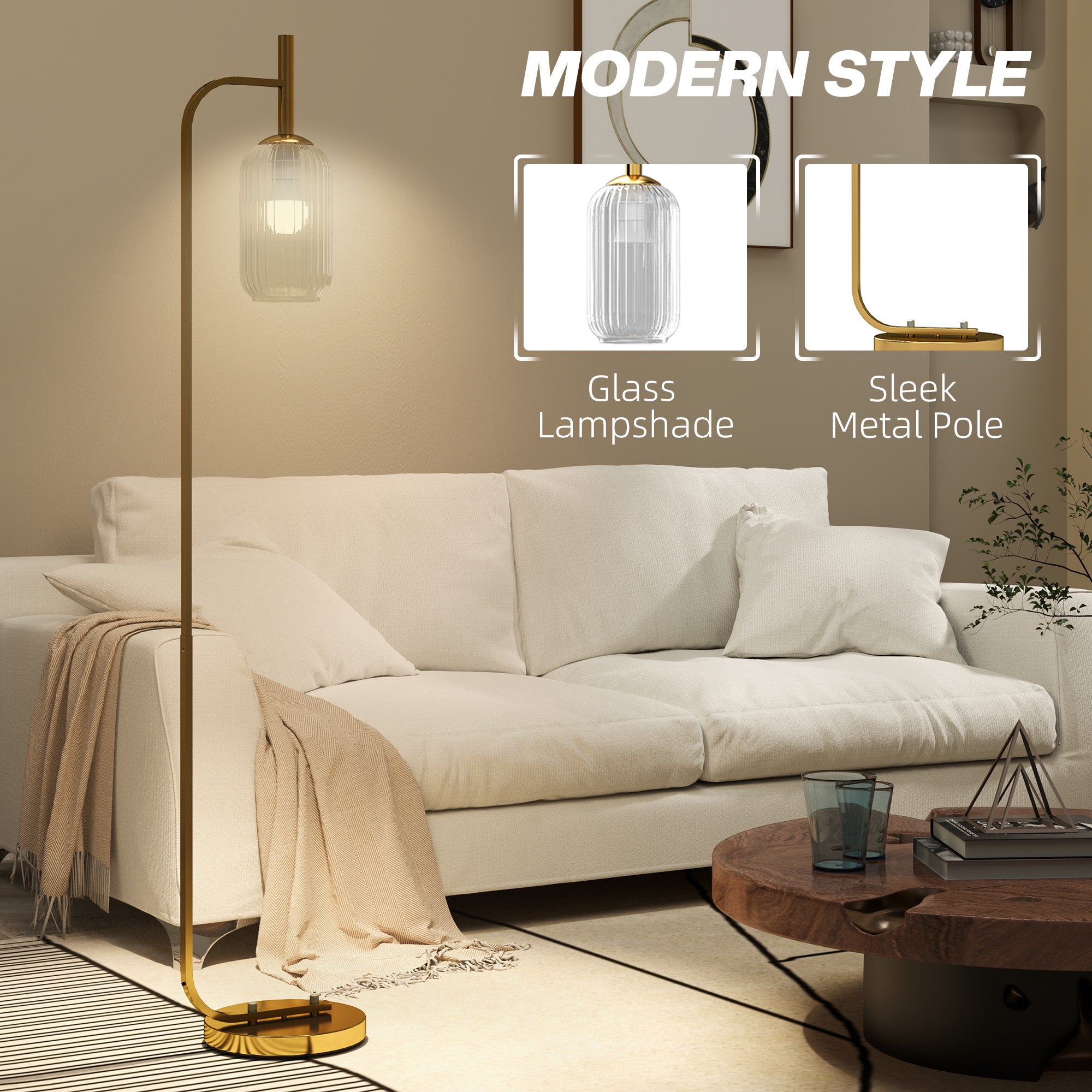 Modern Floor Lamp with Glass Lampshade and Foot Switch for Living Room & Bedroom - Gold Tone