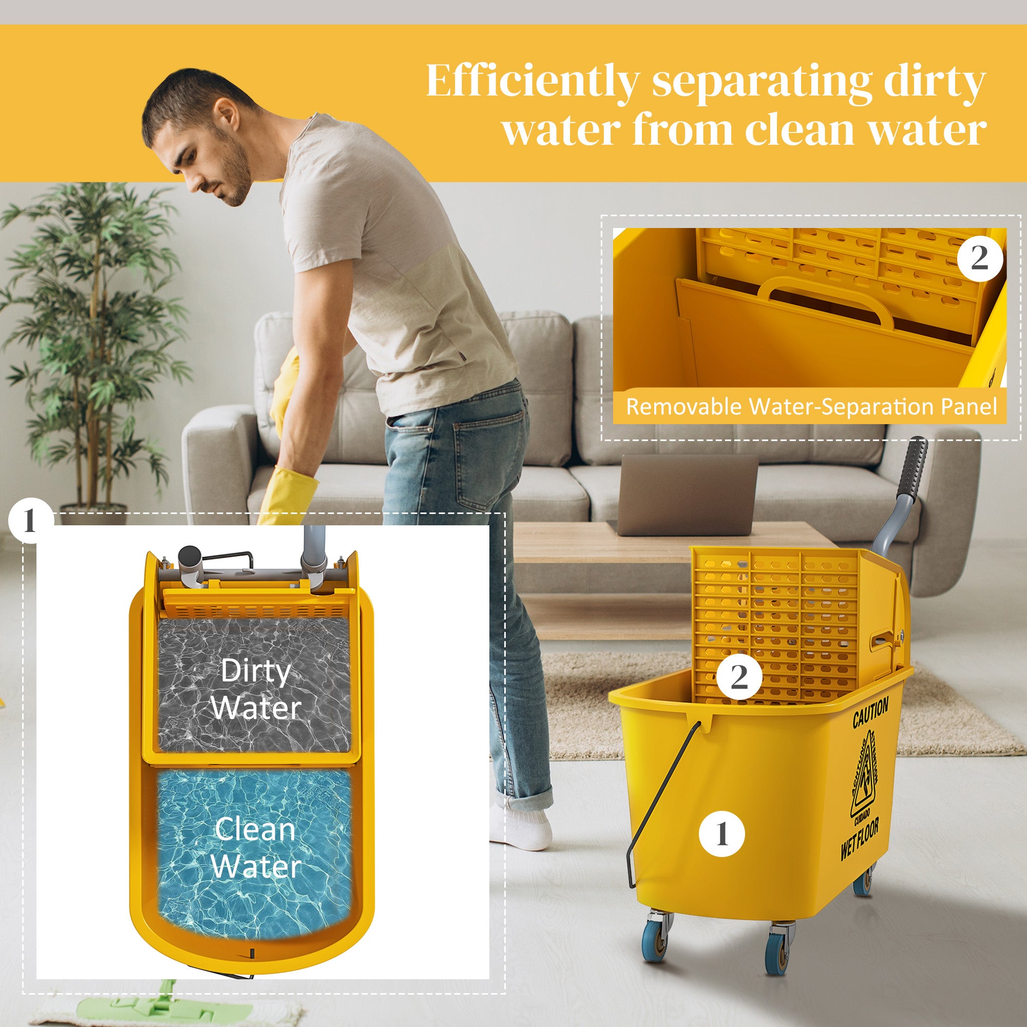 Mop Bucket with Wringer Set on Wheels for Floor Cleaning, 20 Litre Side Press Wringer with Handle and Mop, Yellow