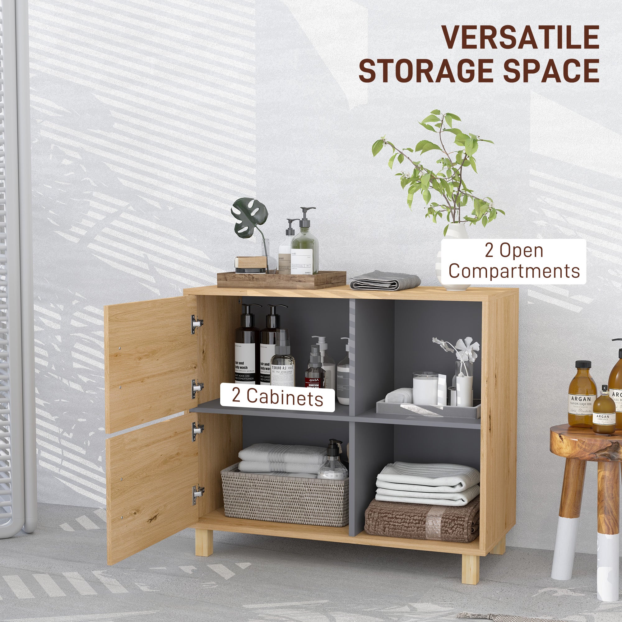 Bathroom Cabinet, Freestanding Bathroom Cabinet with Open Compartments and Double Doors