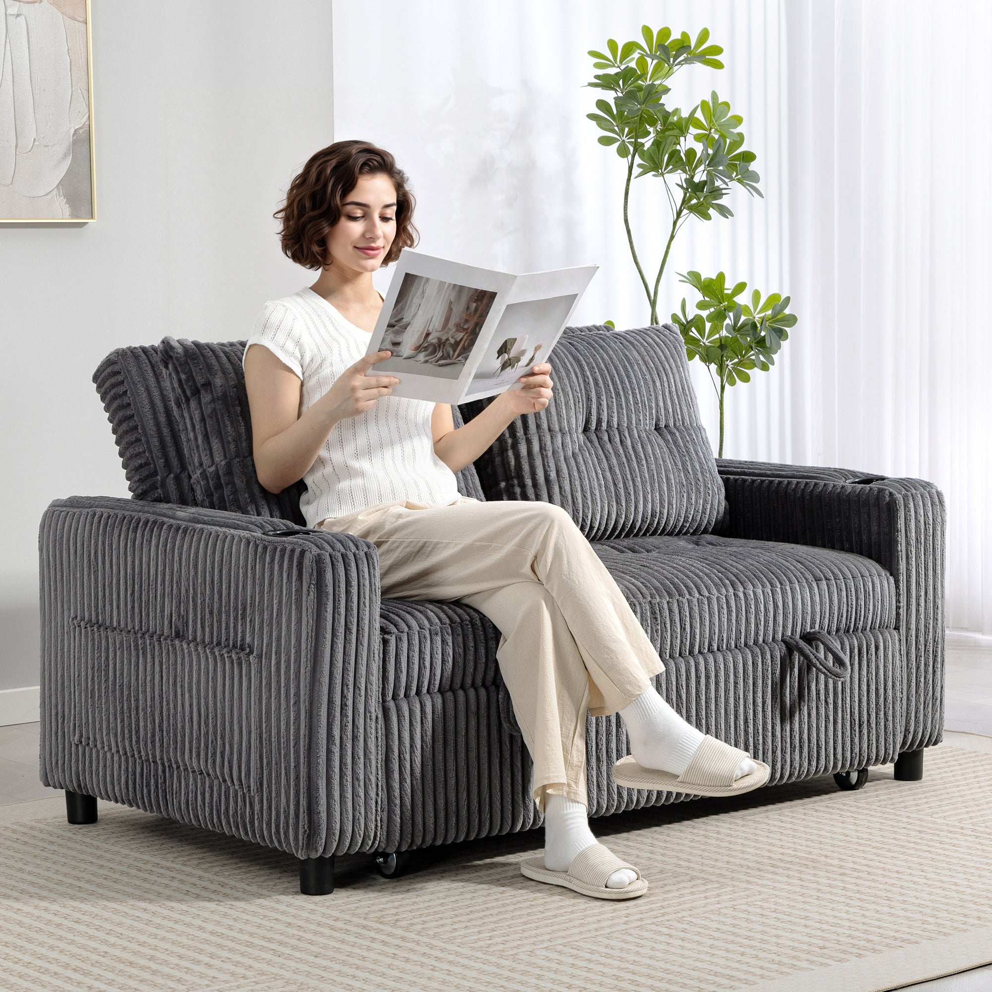 2 Seater Click Clack Sofa Bed with Pull Out Design, Corduroy Upholstery - Charcoal Grey