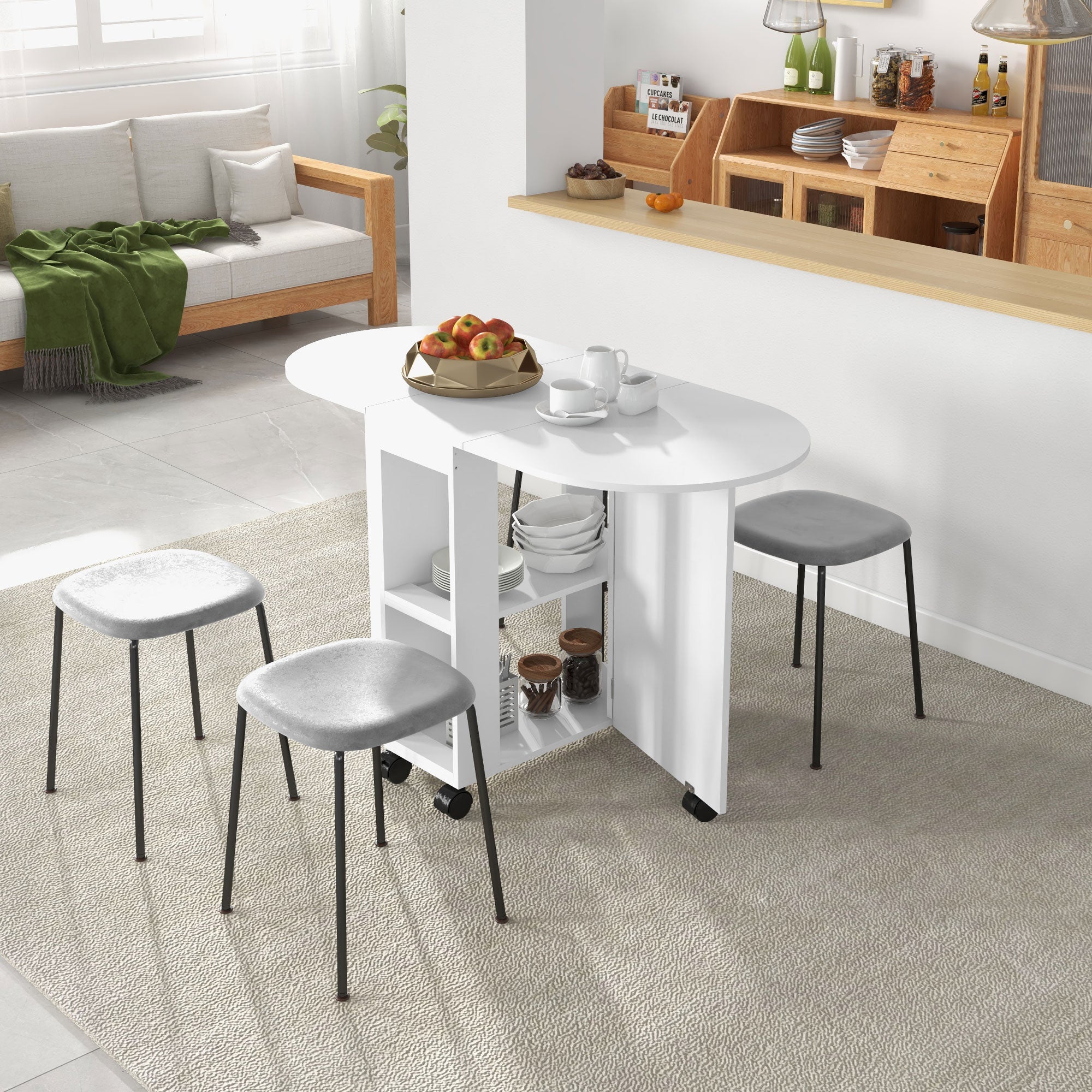 Four-Person Drop Leaf Dining Table, with Wheels - White
