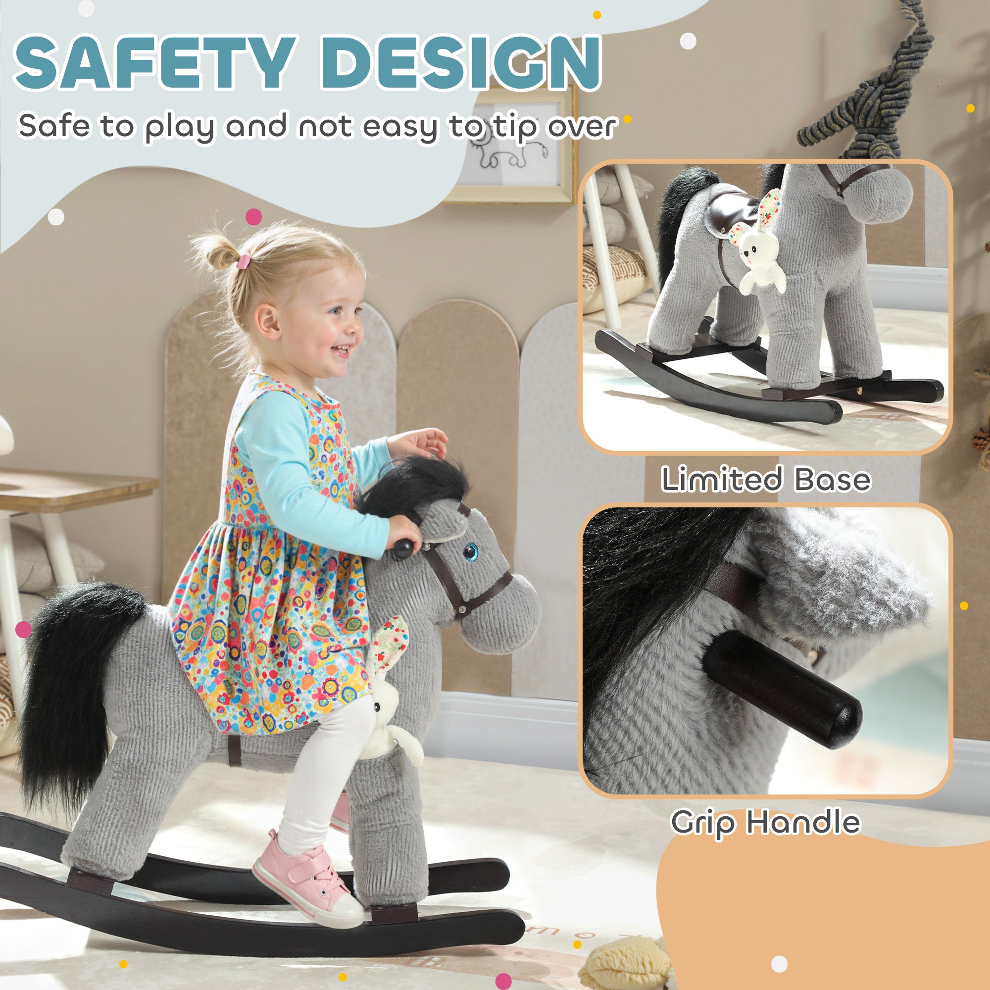 Baby Rocking Horse, Plush Ride on Toy with Handle Grip, Sound and Doll, Toddler Animal Rocker for Kids Aged 2-5, Grey