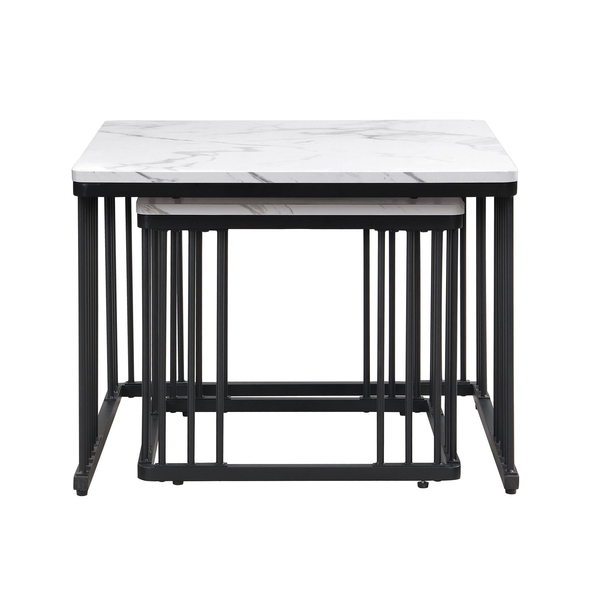 2 Piece High Gloss Nesting Coffee Table Set with Marble Pattern, Square Side Tables with Metal Frame, 60L x 60W x 45H cm, White+Black