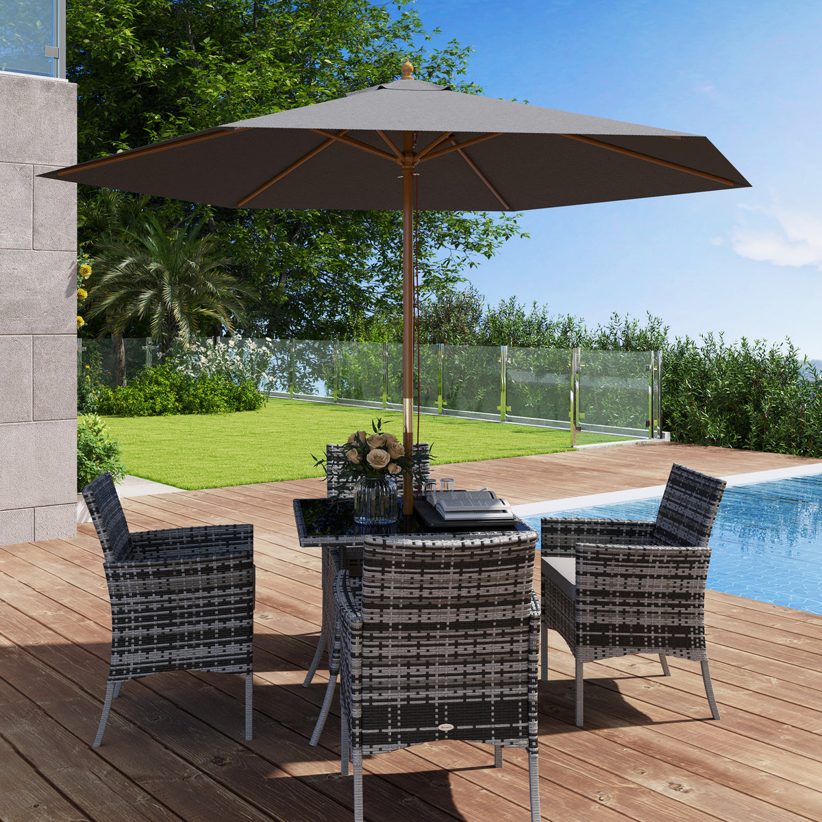 2.5m Wooden Garden Parasol Sun Shade Umbrella - Light Grey
