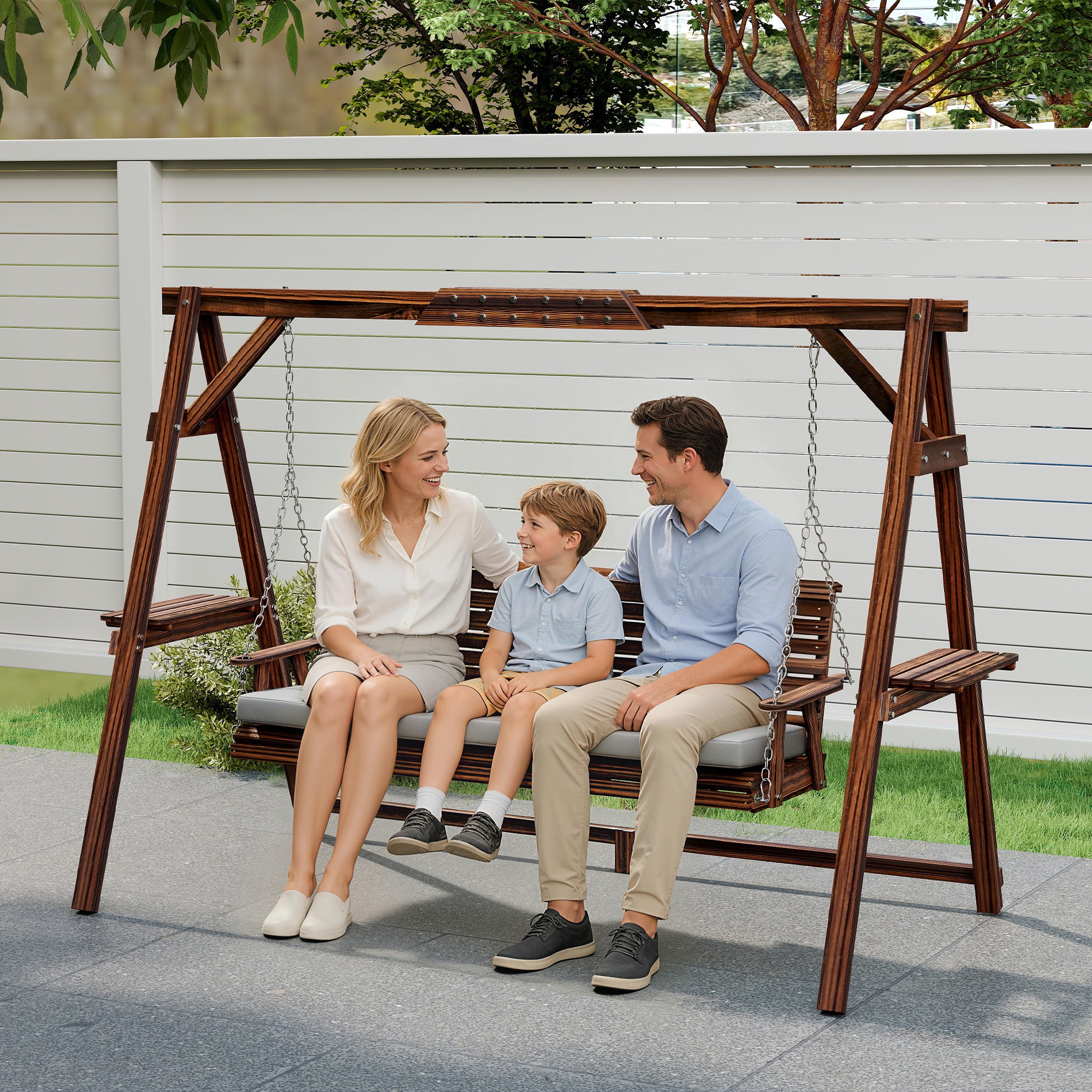 3 Seater Garden Swing Seat, Wooden Swing Chair Bench with Cushion, Side Trays and Metal Chains, for Outdoor Porch Patio, Carbonised Brown
