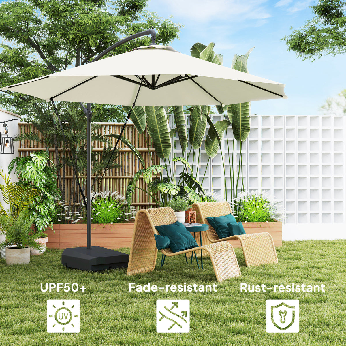 3m Garden Cantilever Parasol with Fillable Base, Wind Straps, Crank Handle & Tilt, UPF50+ Sun Shade - Cream