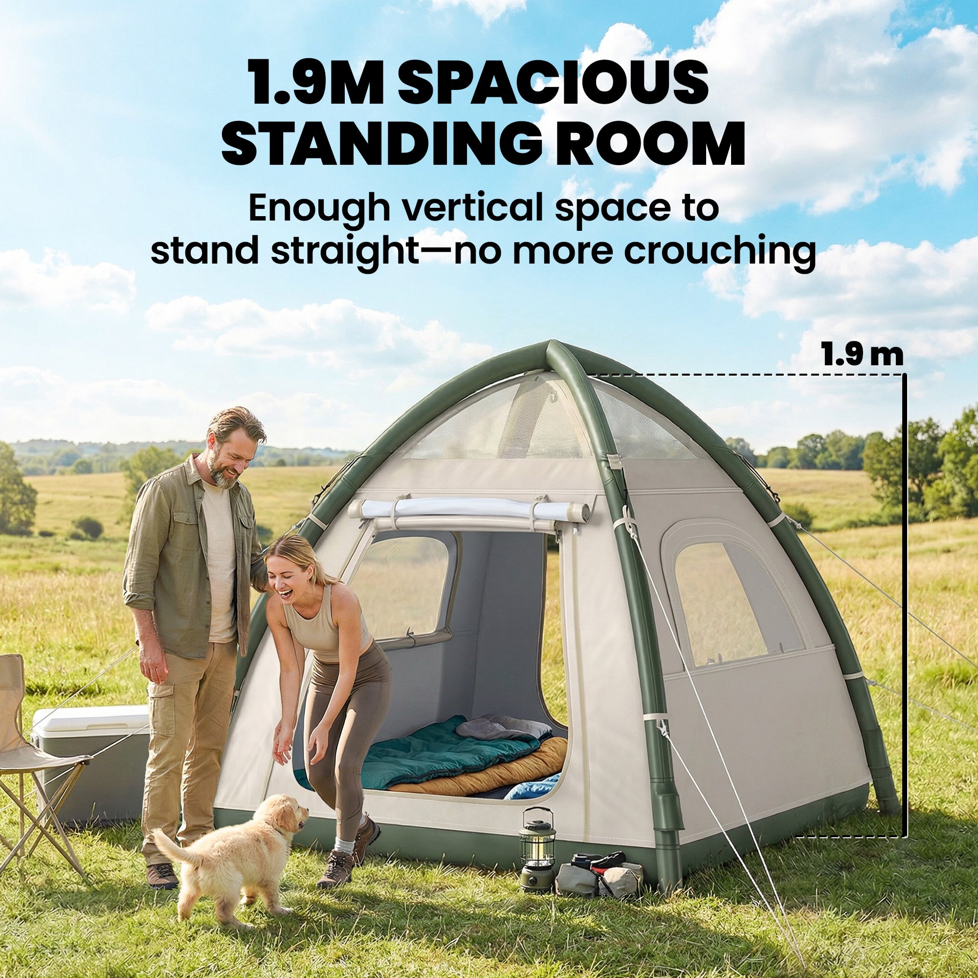Inflatable Camping Tent with Rainfly, 3 Man Air Tent 3000mm Waterproof Blow Up Tents, Beige