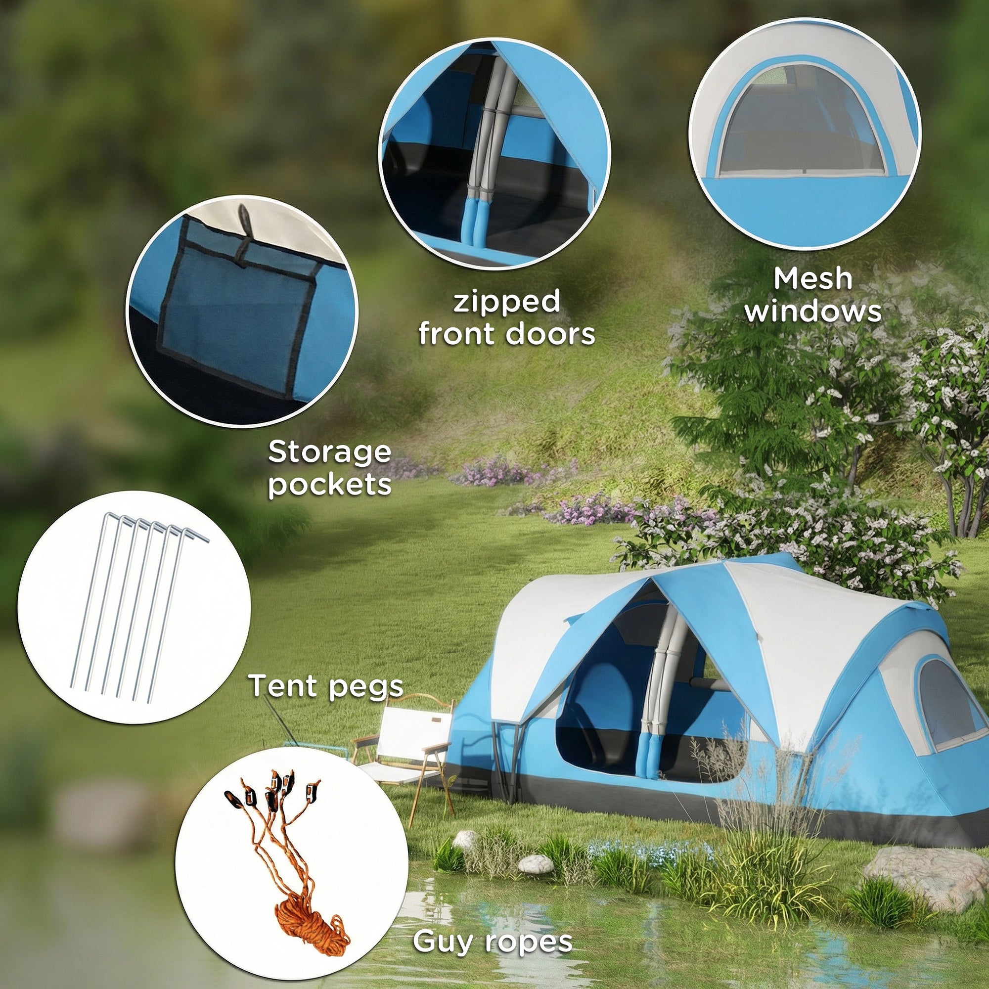Camping Tent for 6-8 Man with 2000mm Waterproof Rainfly and Carry Bag for Fishing Hiking Festival, Sky Blue