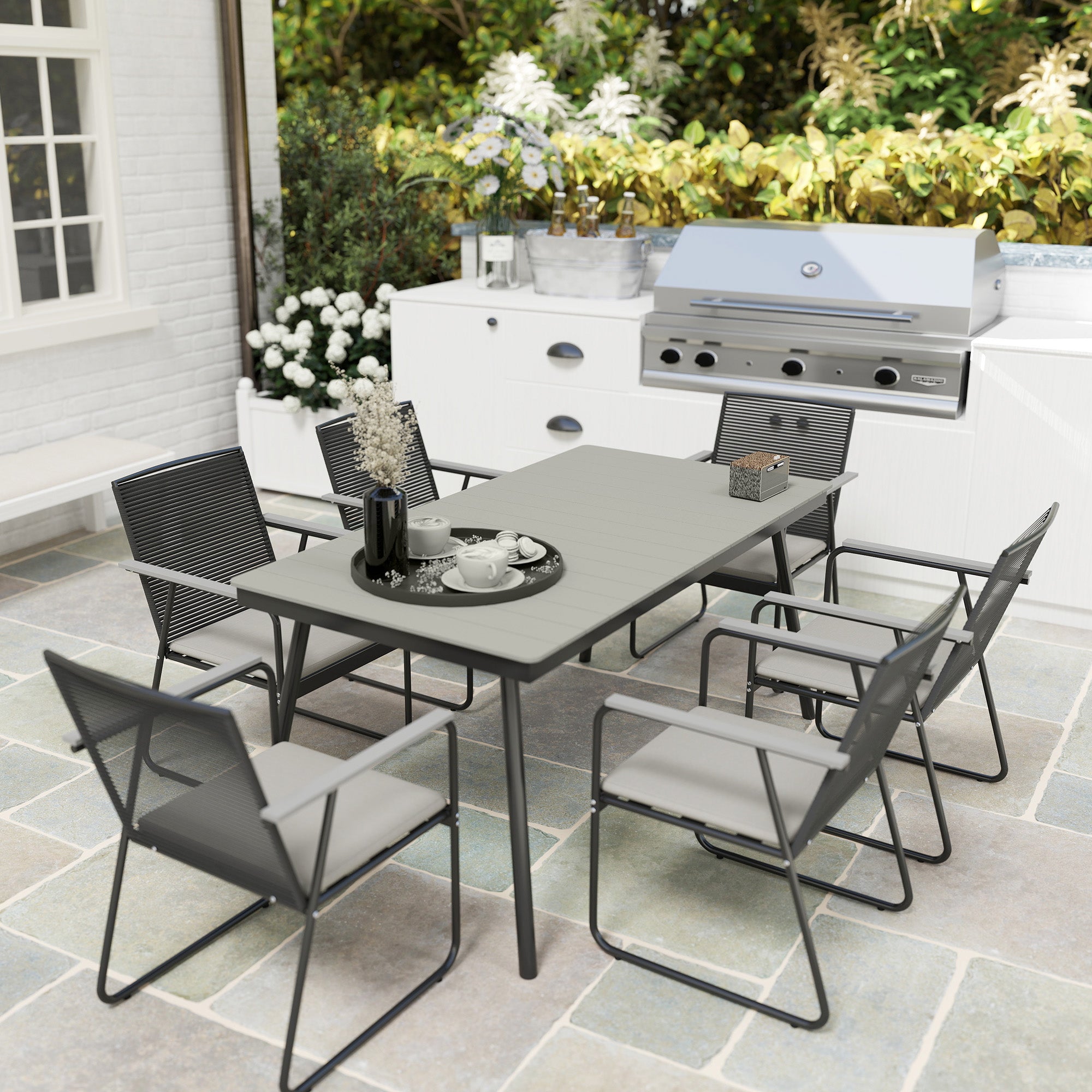 6 Seater Garden Dining Set with Weatherproof Table and Soft Cushions - Grey