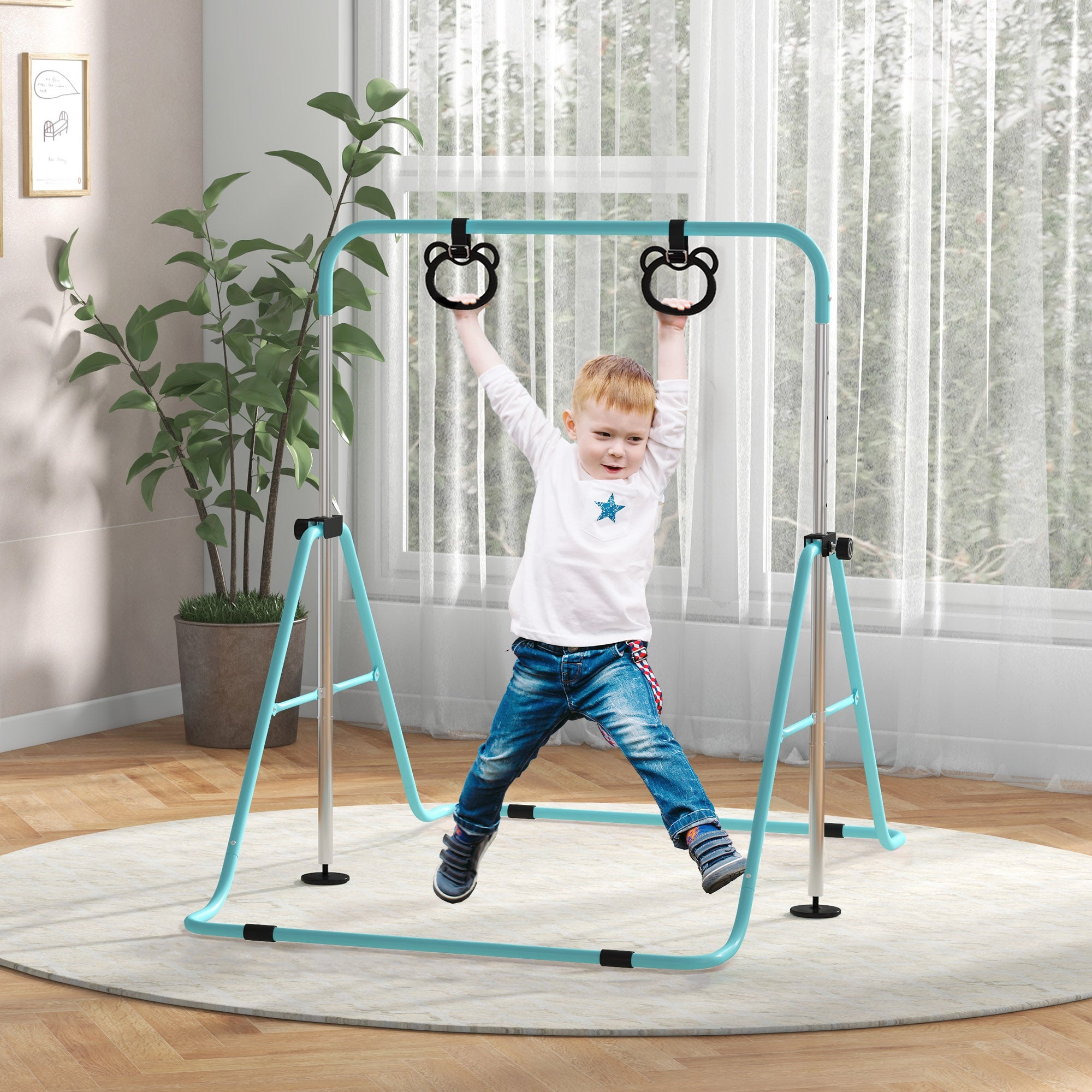 Adjustable Height, Foldable Kids Gymnastics Bar w/ Non-Slip Mats, for 3+ Years, Green