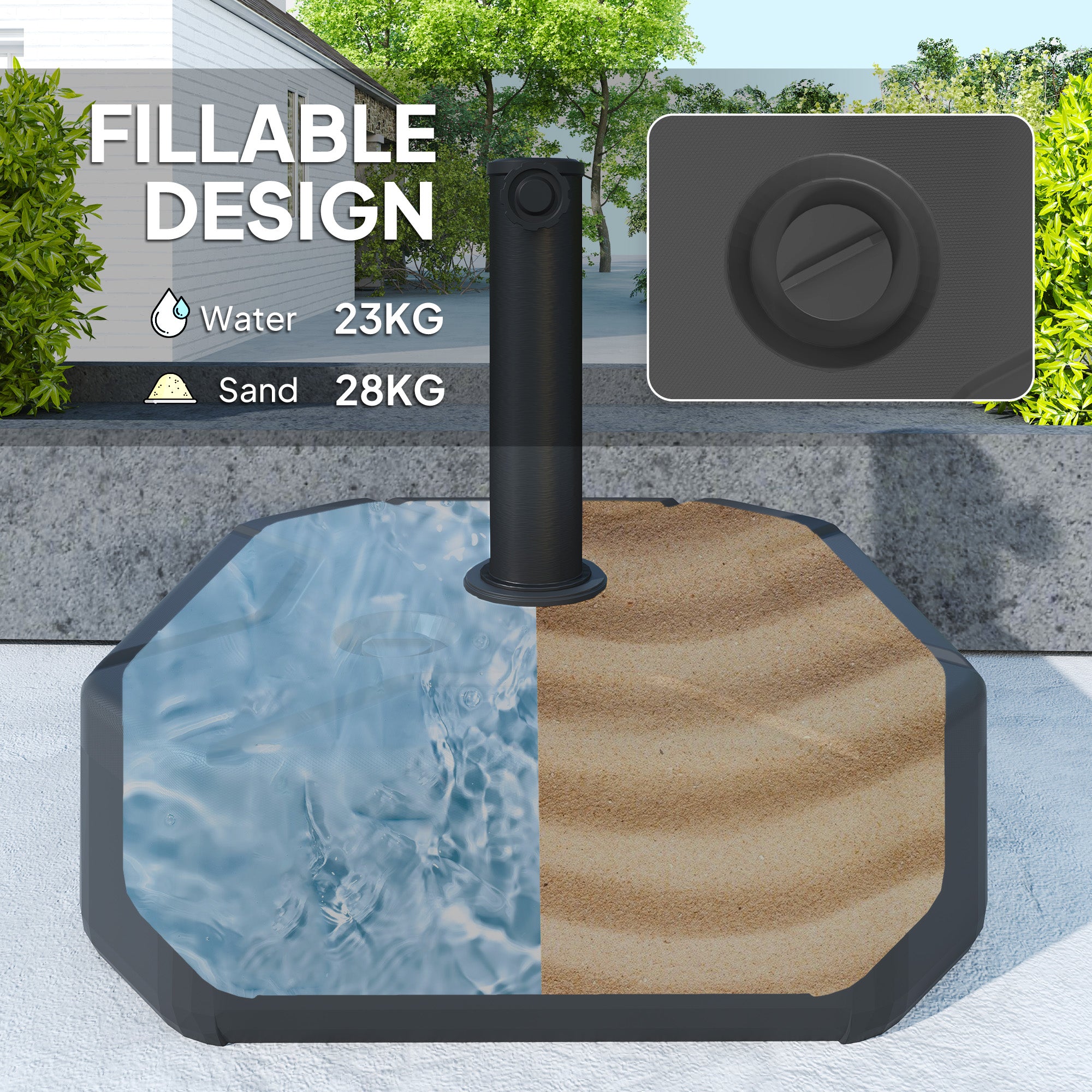 Square Garden Parasol Base, Garden Umbrella Stand Heavy Duty Parasol Base, Filled Up to 25kg with Stand or 20kg with Water for for 38, 48 mm Poles, Black