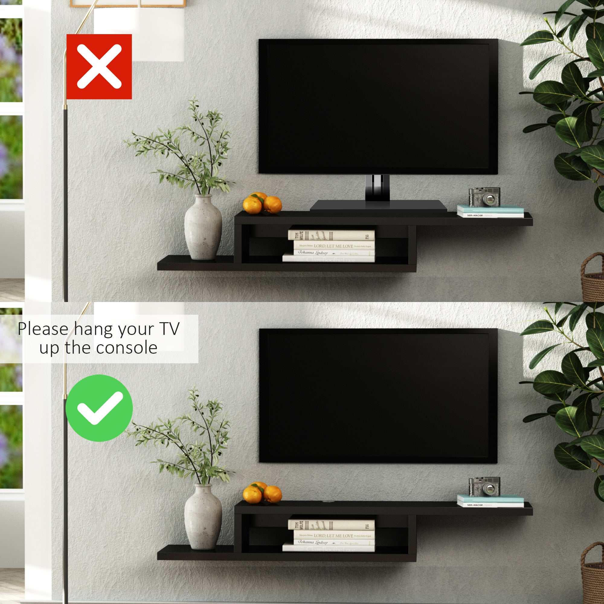 Floating Wall Mounted TV Unit with Open Shelf & Cable Holes - Black