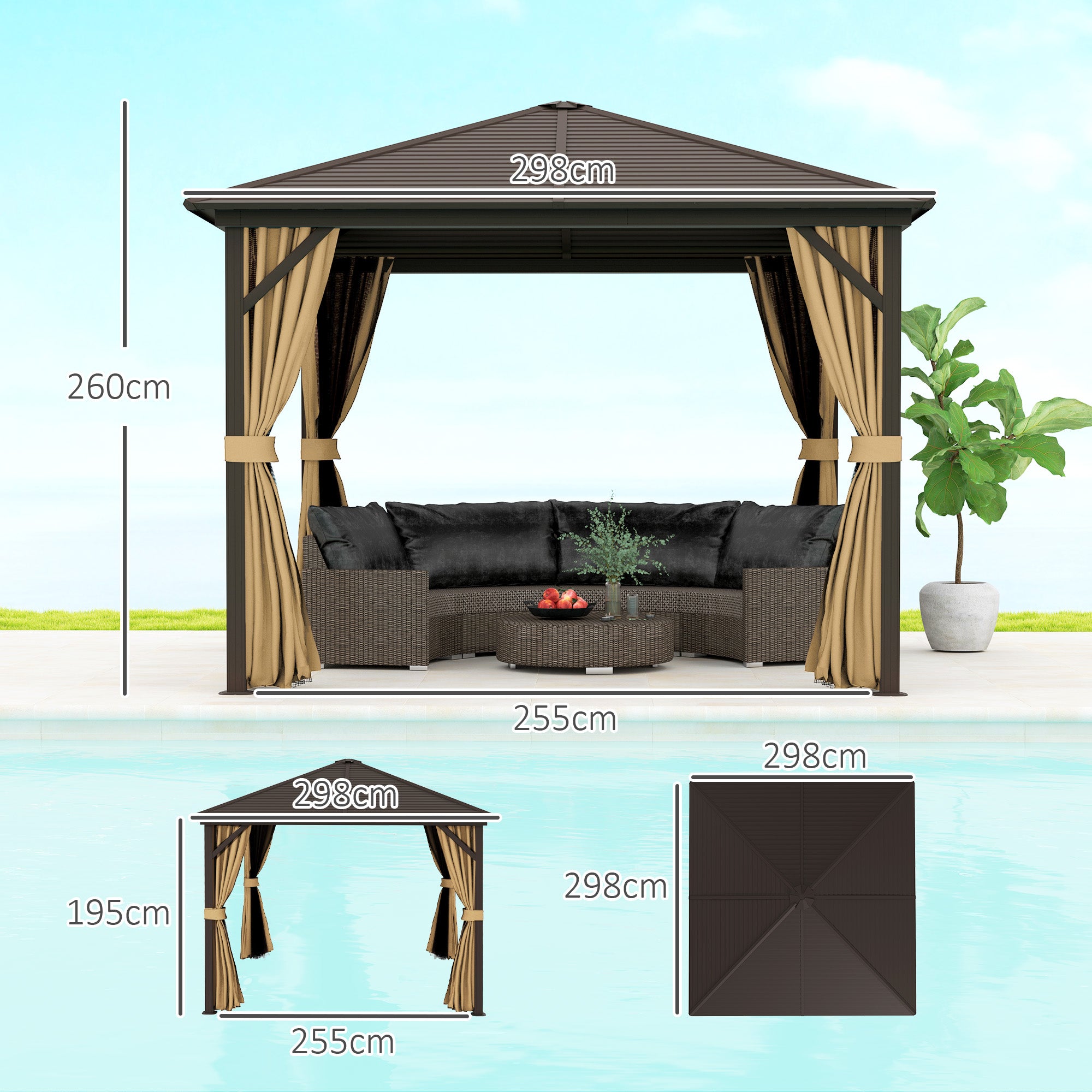 3 Piece Metal Hardtop Gazebo with Curtains and Accessories - Brown