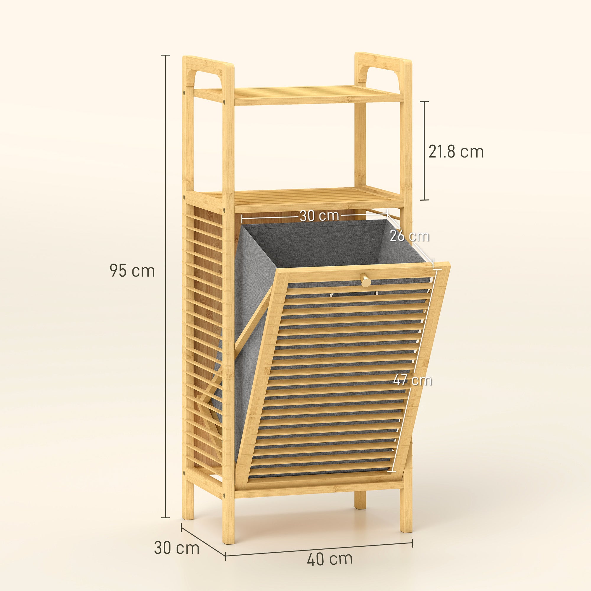 Bamboo Laundry Cabinet with Slatted Door, Bathroom Cabinet with Tilt-Out Hamper and Removable Liner Bag, 40 x 30D x 95 cm, Natural Wood Finish