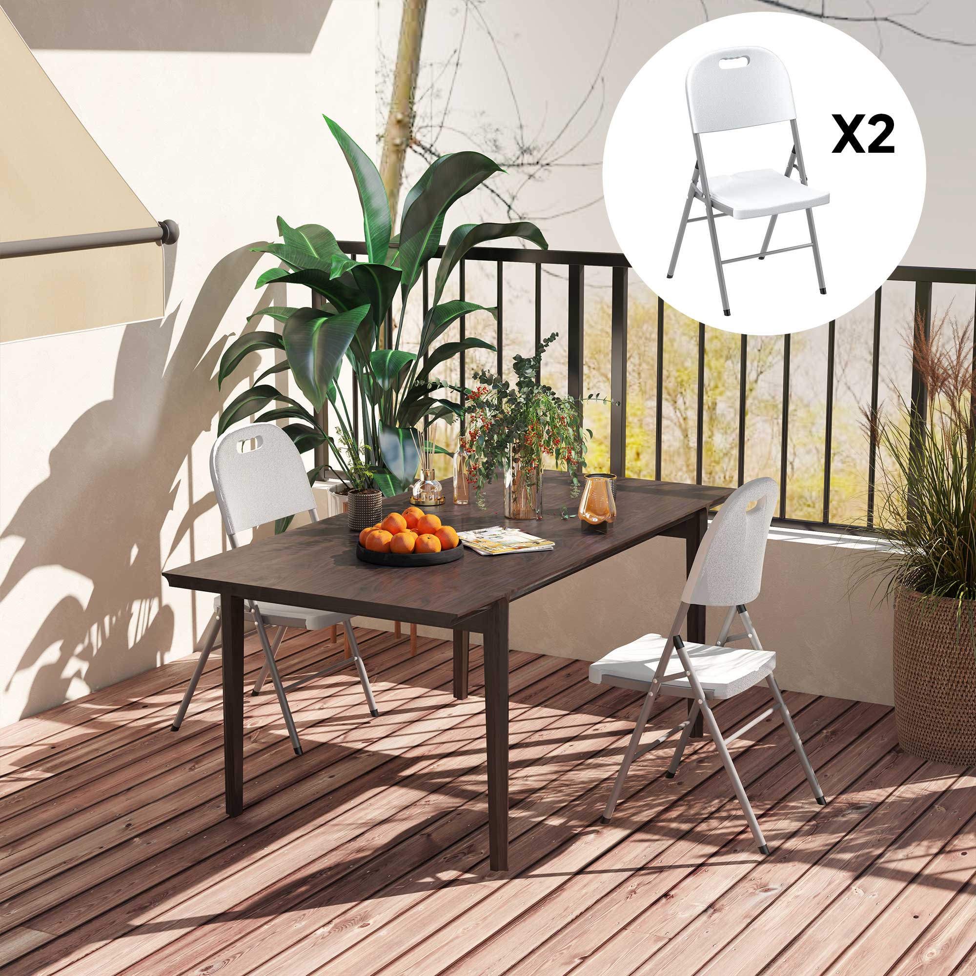 Set of 2 Foldable Steel Frame Outdoor Chairs with Plastic Seats - White
