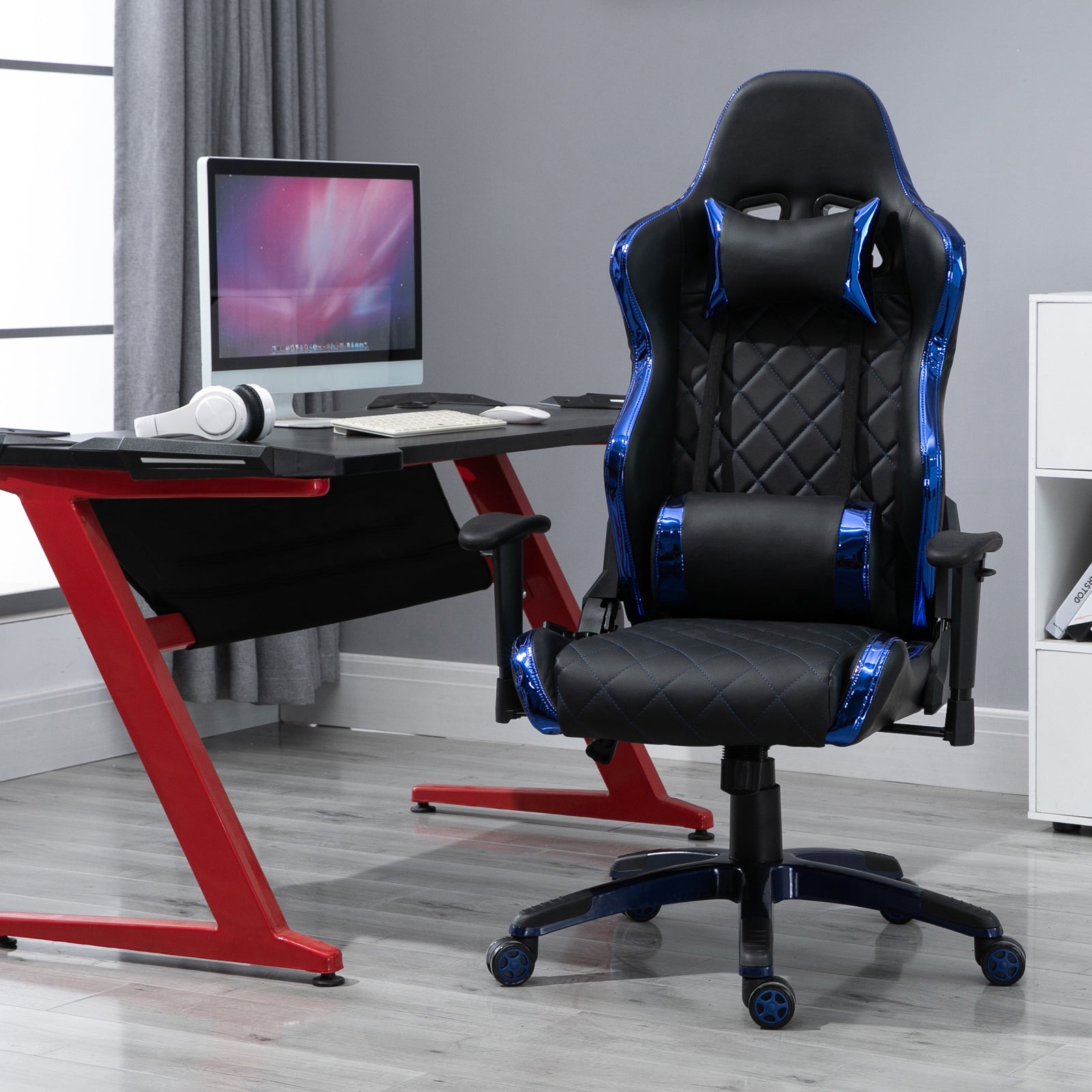 Holographic Stripe Gaming Chair Ergonomic PU Leather High Back 360° Swivel w/ 5 Wheels 2 Pillows Back Support Racing Reclining Black and Blue