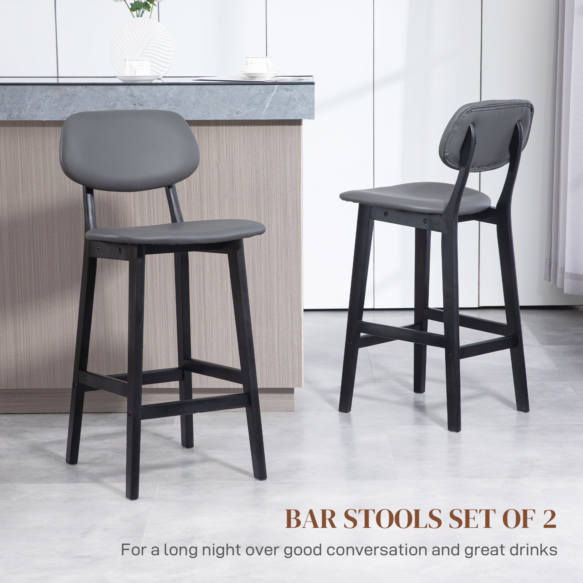 Bar Stools Set of 2, Contemporary Breakfast Bar Chairs, Faux Leather Upholstered Kitchen Stools with Backs and Solid Wood Legs, Dark Grey