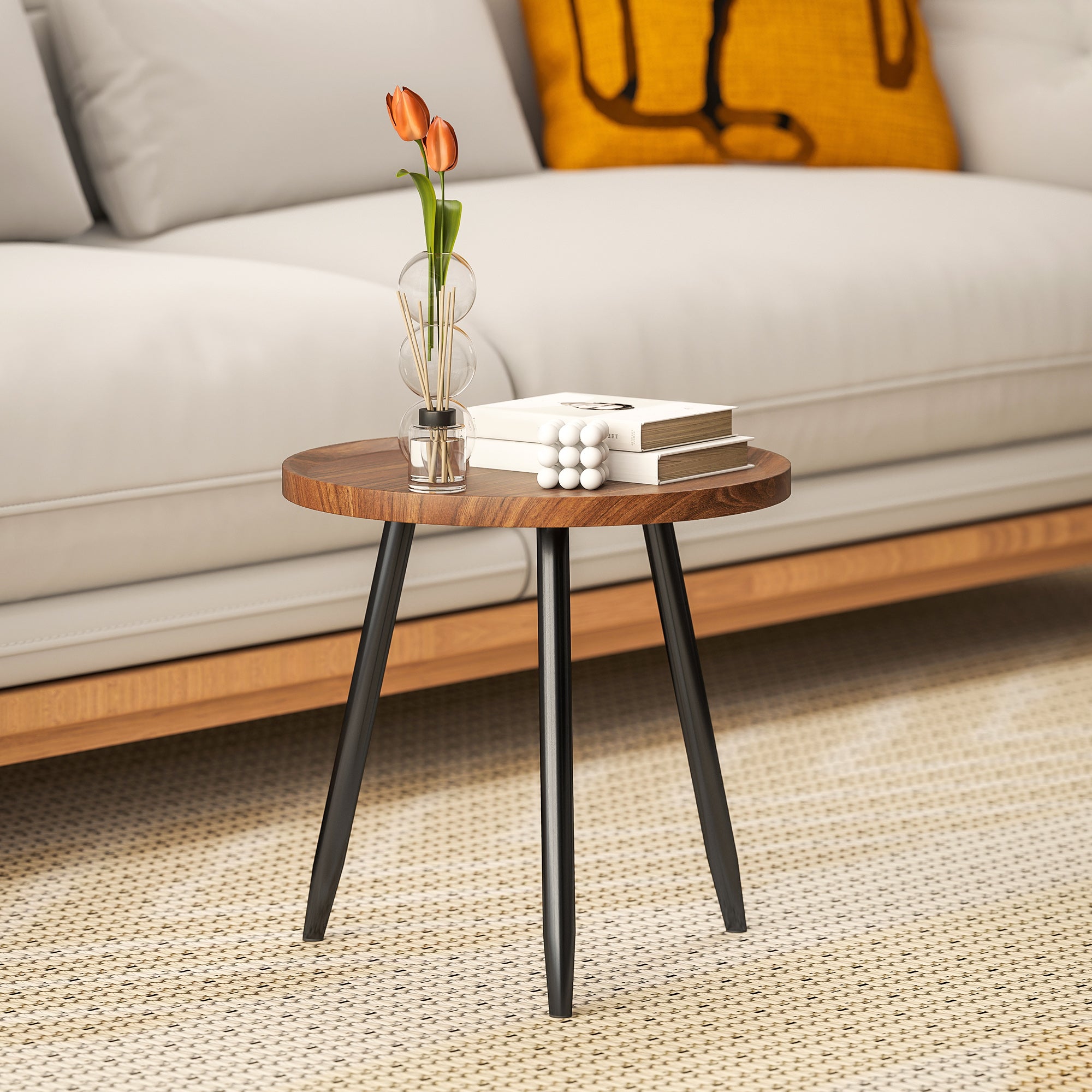 Modern Round Coffee Table with Steel Frame for Small Space, Sofa Beside, Living Room, Chestnut Wood Effect