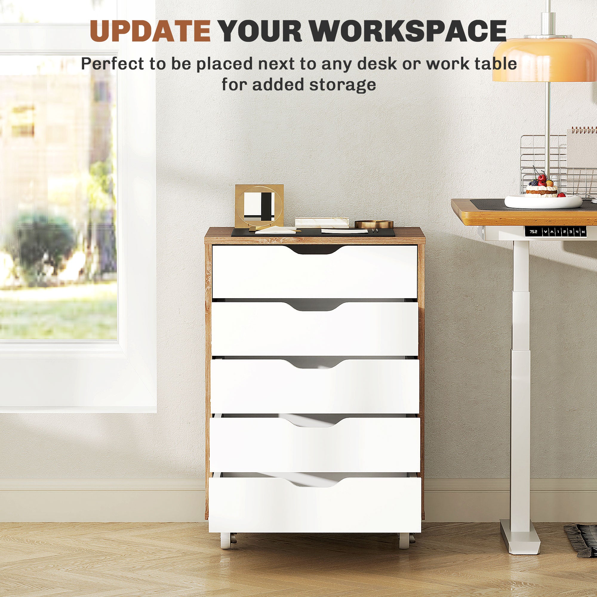 Five-Drawer Filing Cabinet, with Wheels - Oak Brown