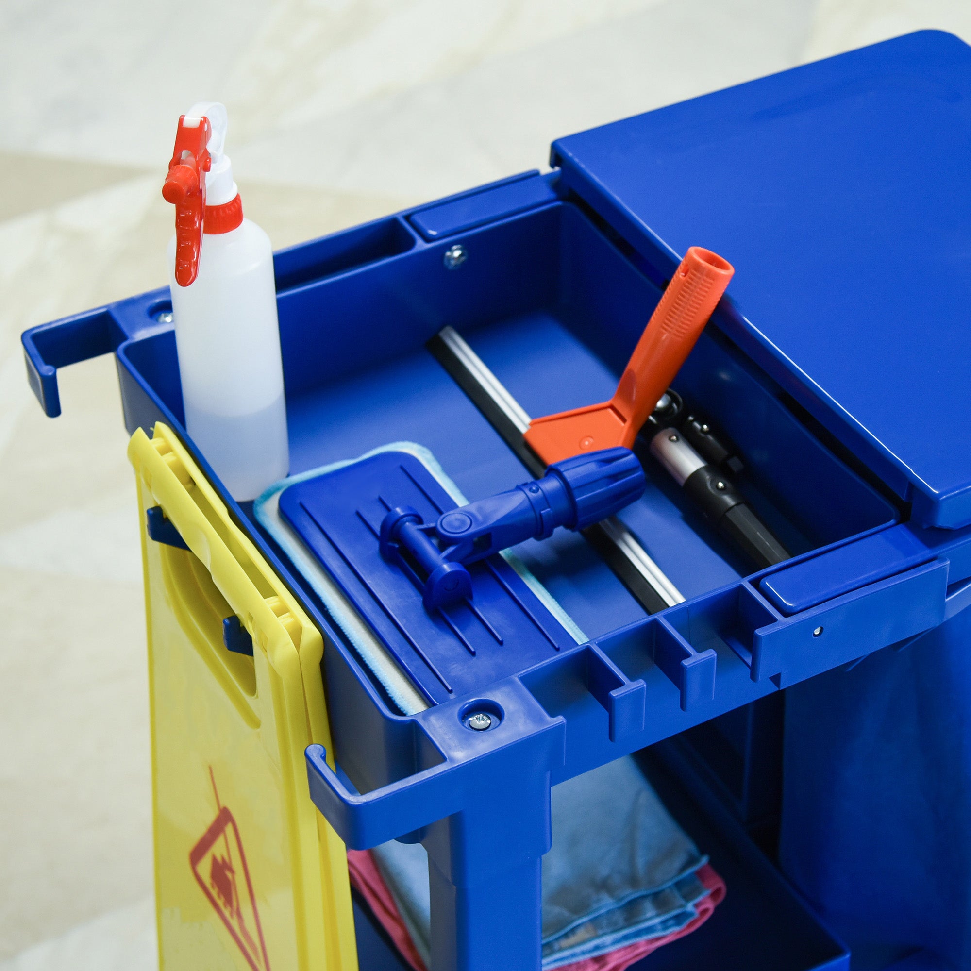 Janitor Cleaning Trolley, with Bin, Shelves and Hooks - Blue