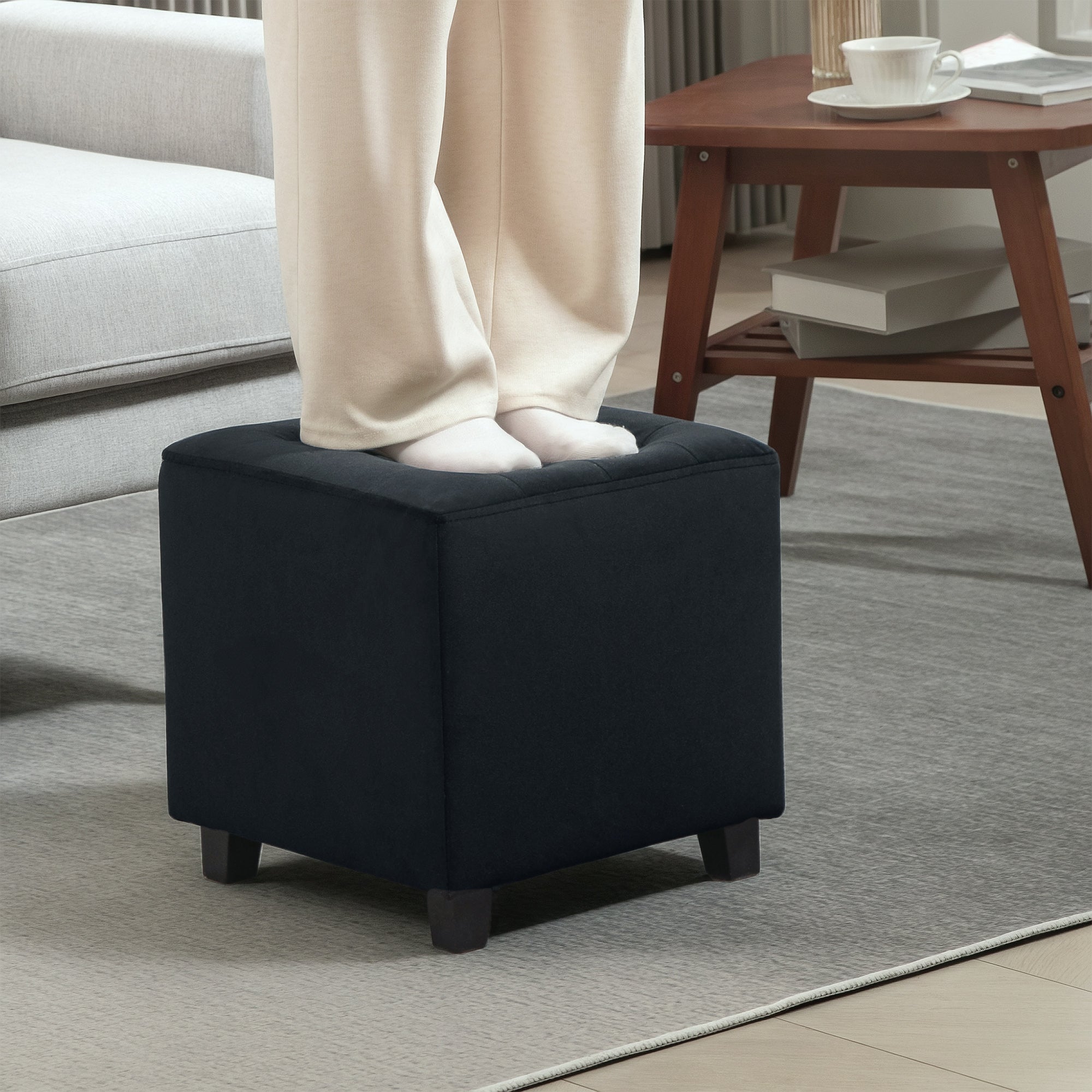 Velvet-Feel Square Ottoman - Grey