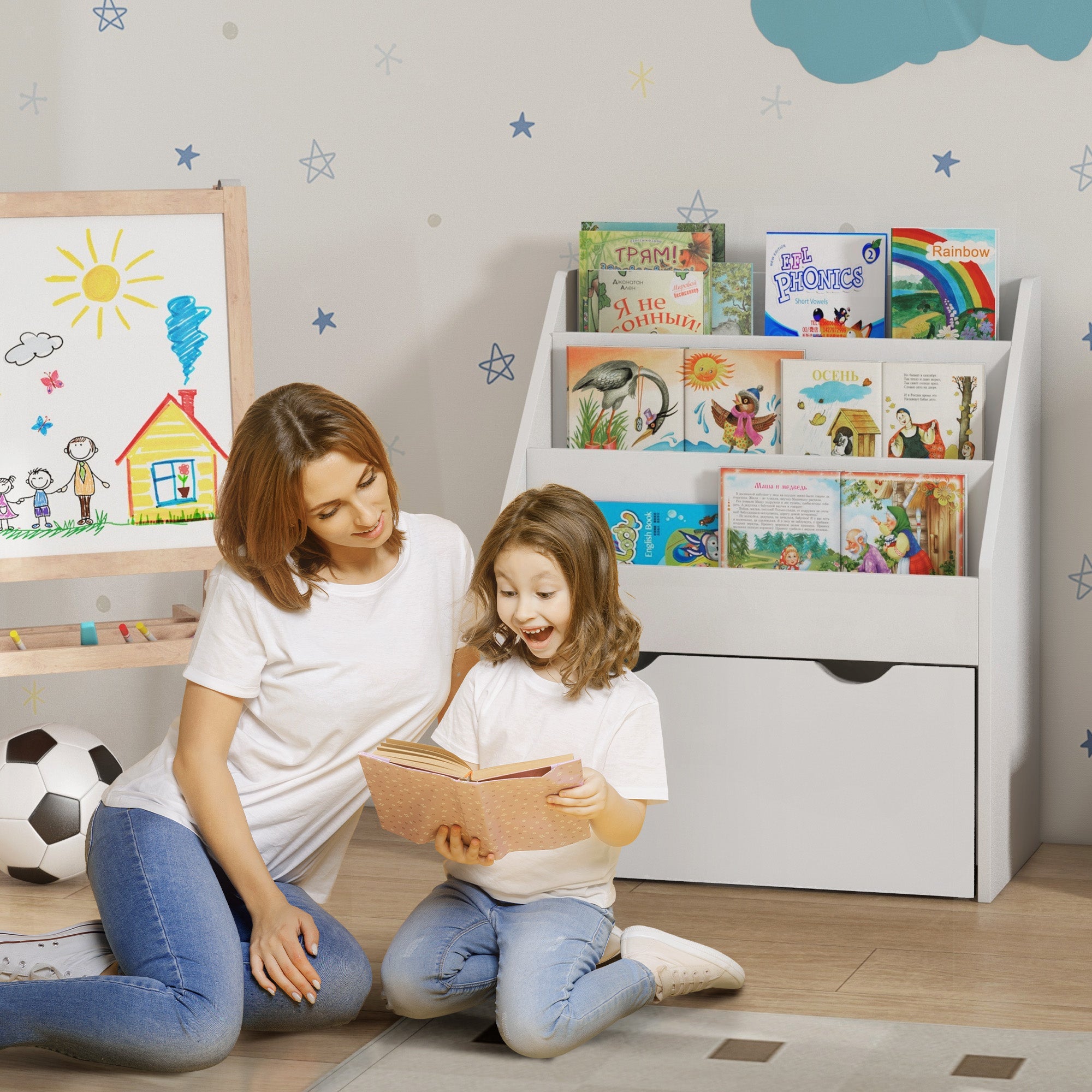 Bookcase for Kids with Shelves, Drawer, Bookcase for Bedroom, Playroom, White