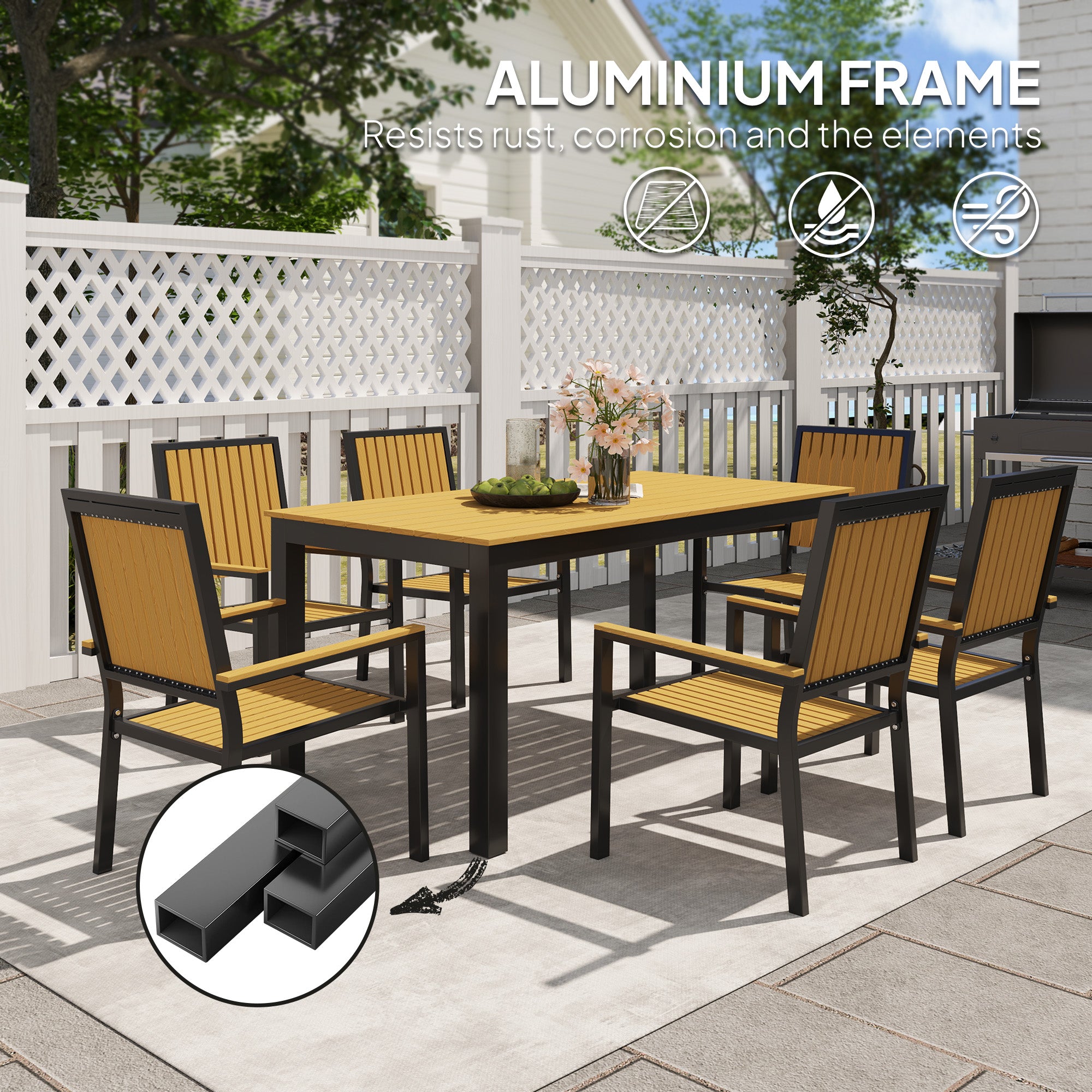 6 Seater Garden Dining Set with Stackable Chairs - Aluminium Frame and Weather-Resistant Wood Plastic Top