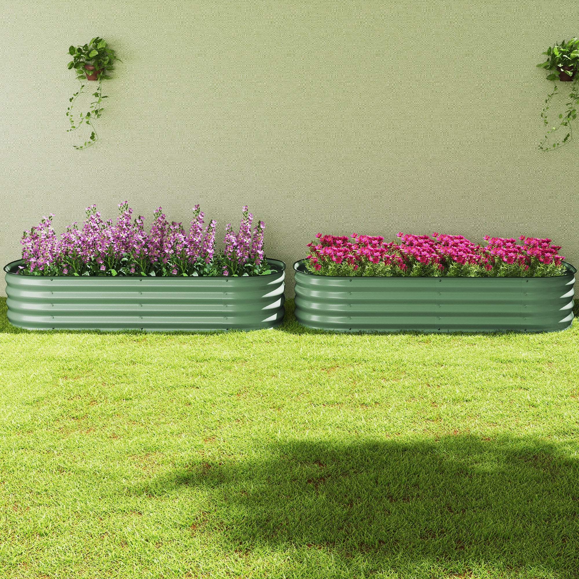Galvanised Raised Garden Bed, Metal Planter Box with Safety Edging, for Flowers, Herbs, Succulents, Pack of 2, Green