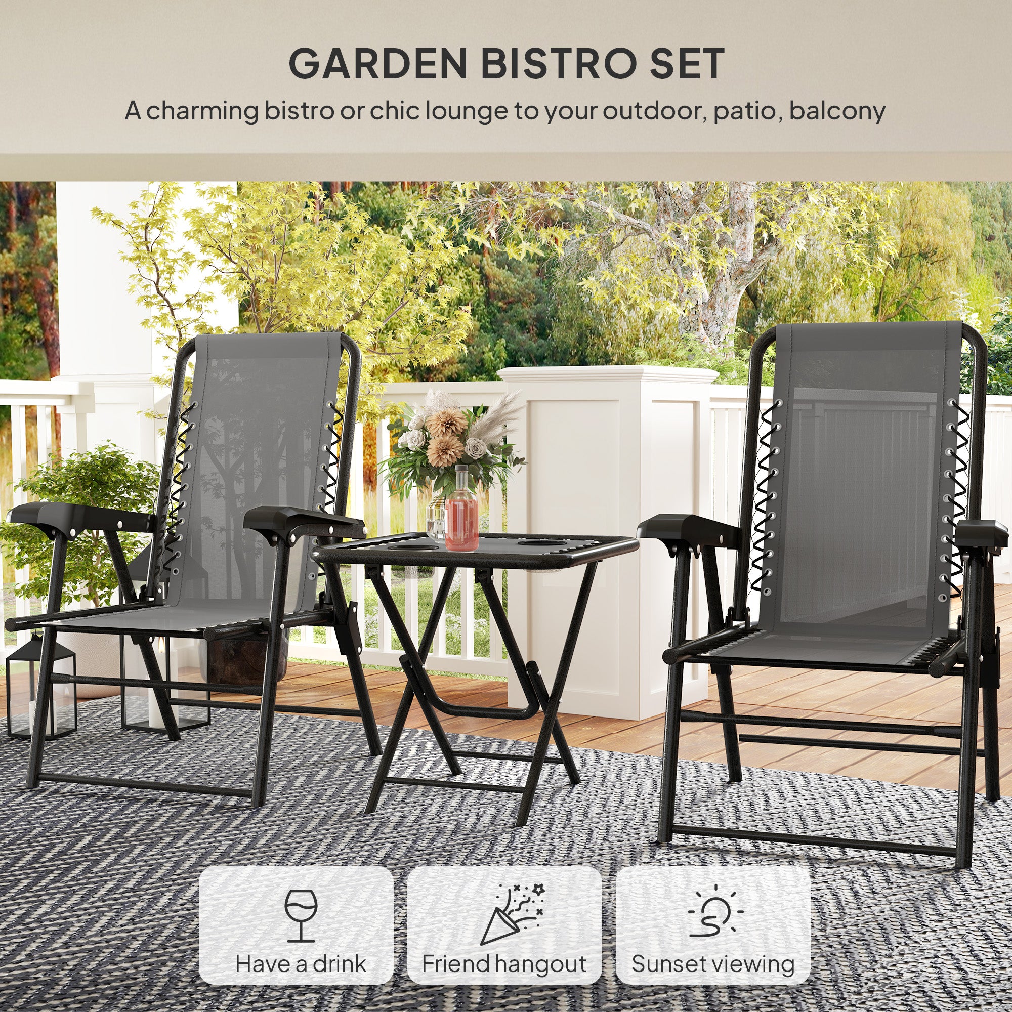 3 Piece Garden Table and Chair Set with Texteline Fabric - Dark Grey