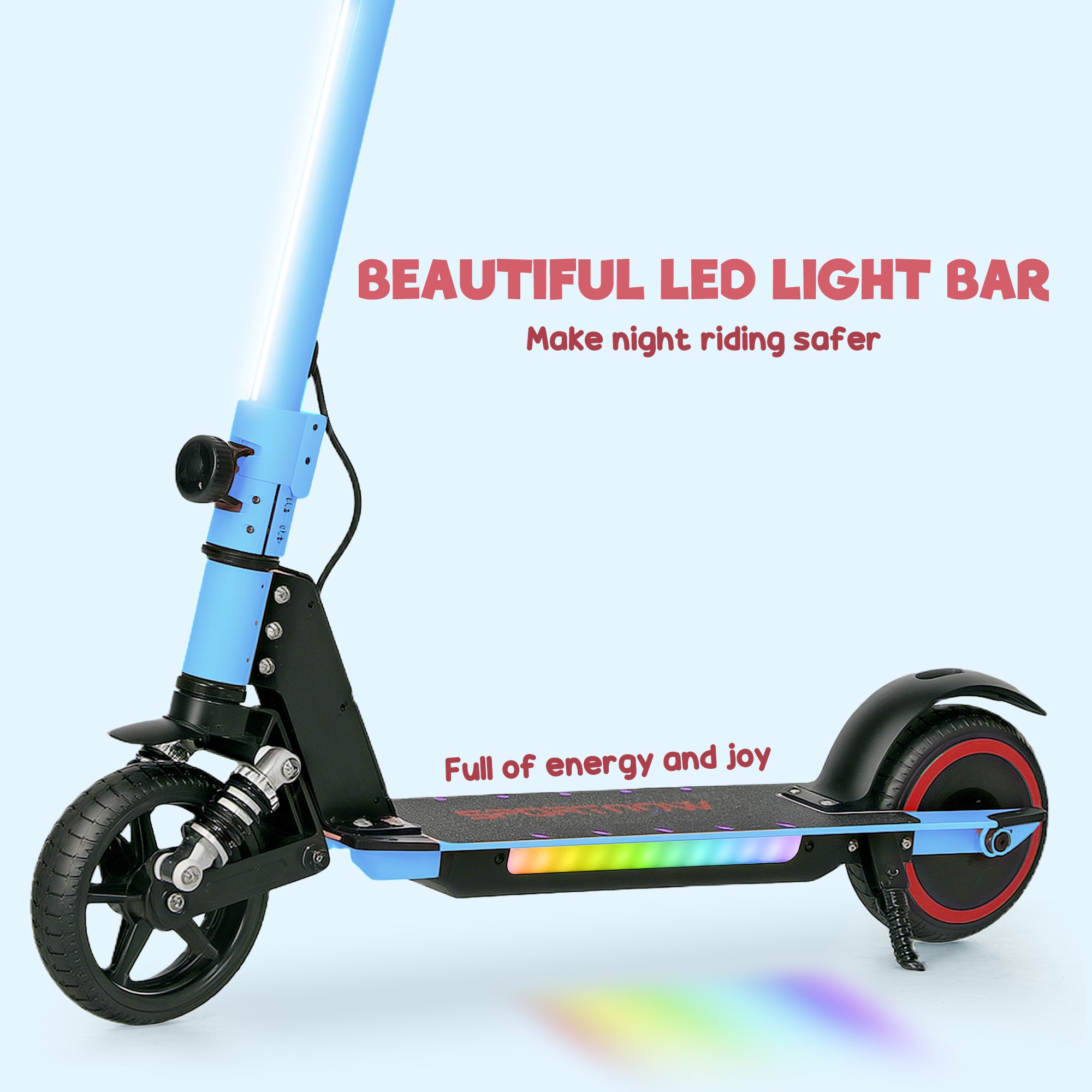 Folding Electric Scooter for Kids 6-14 with Dual Brakes, Front Suspension & LED Lights - Blue