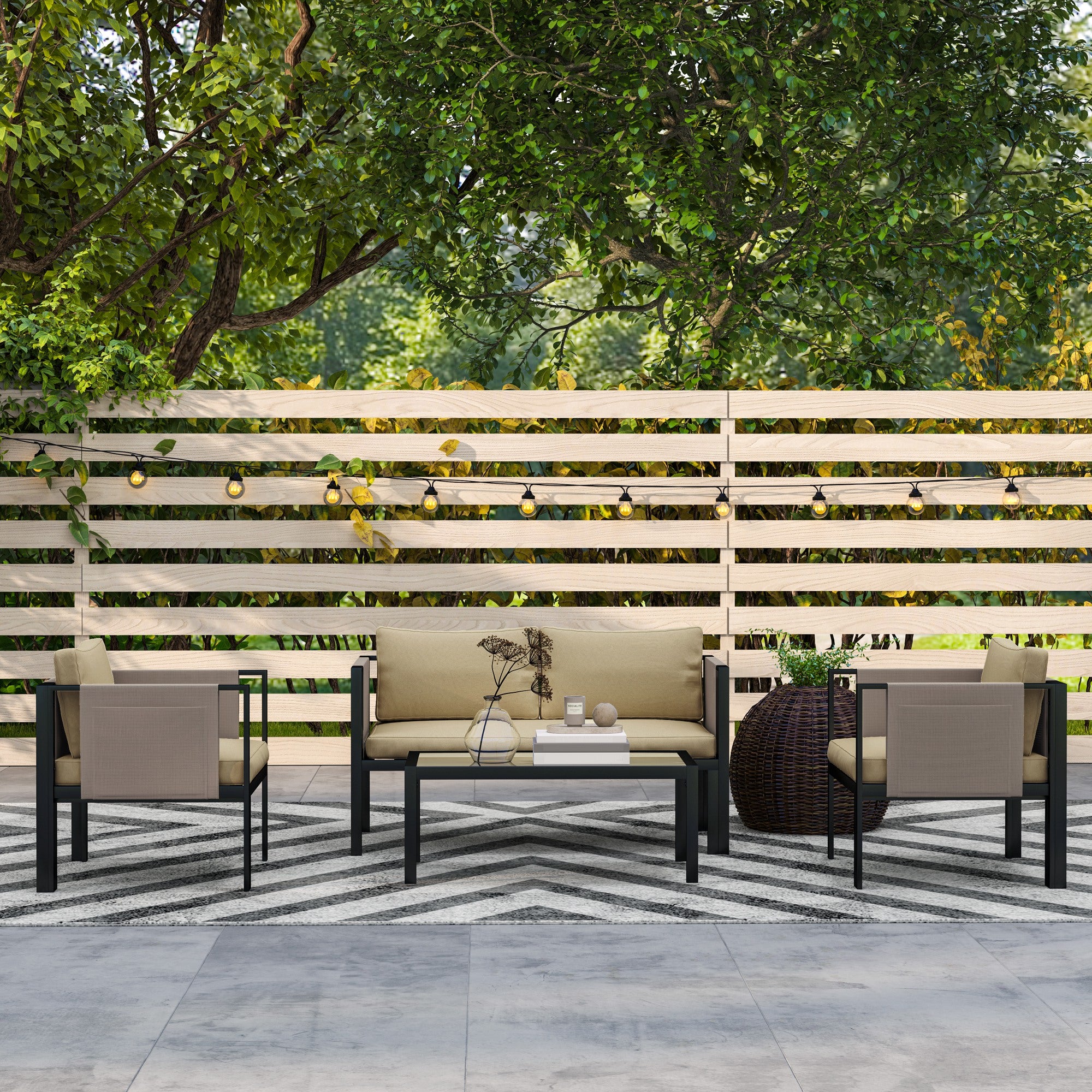 4 Piece Metal Garden Furniture Set with Cushions - Khaki