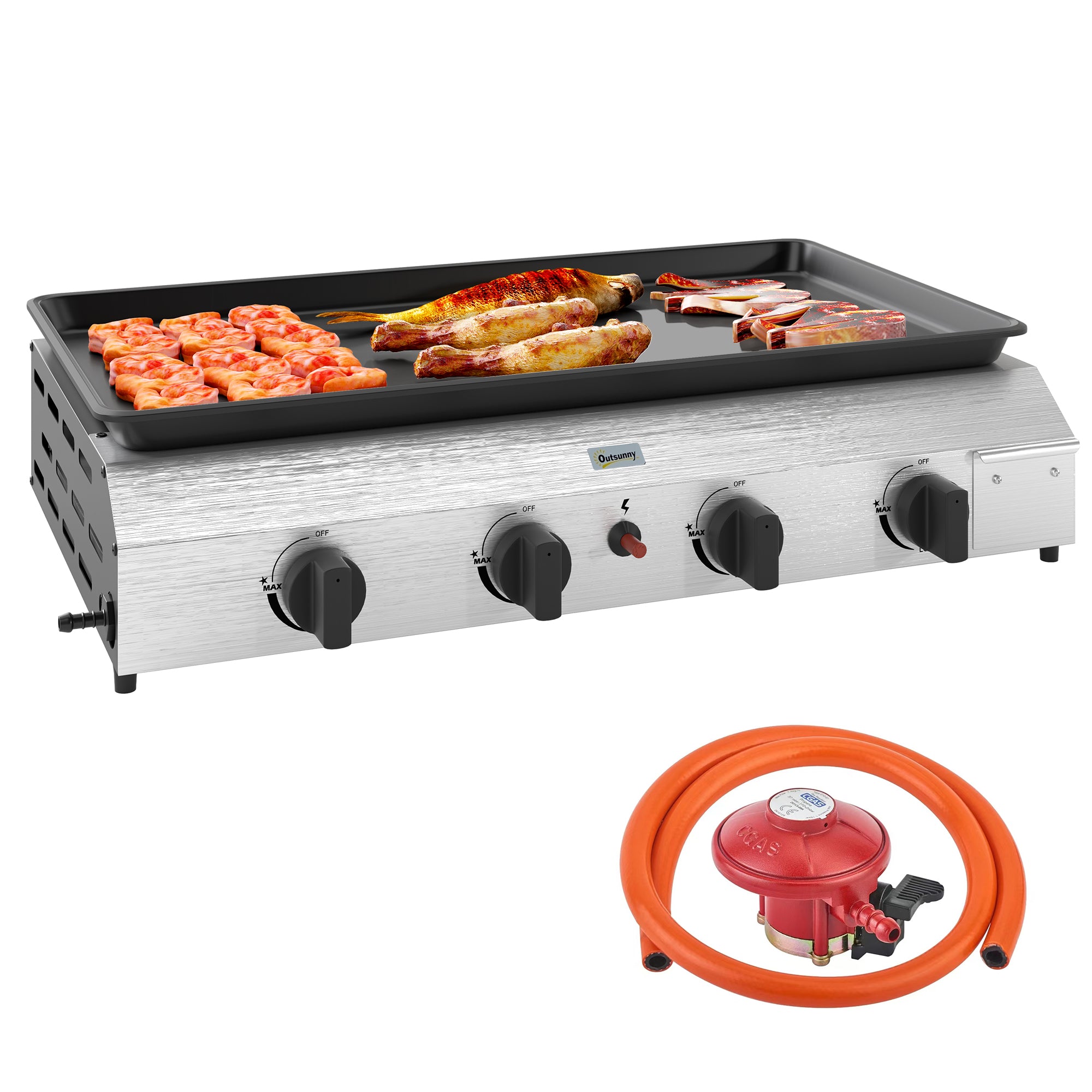 Four Burner Portable Gas Grill with Regulator and Hose - Silver Tone Black