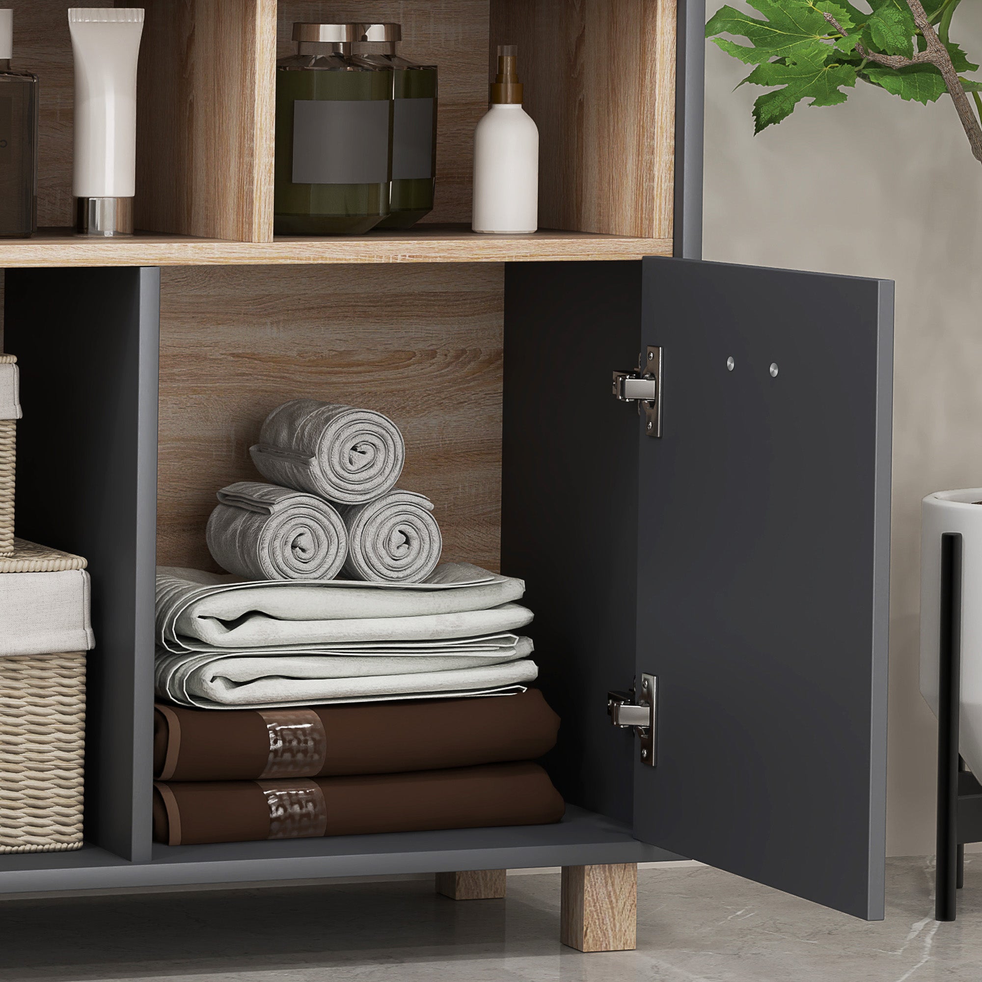 Freestanding Bathroom Cabinet, Bathroom Storage Unit, Bathroom Storage Cabinet with Open Compartments and Double Doors
