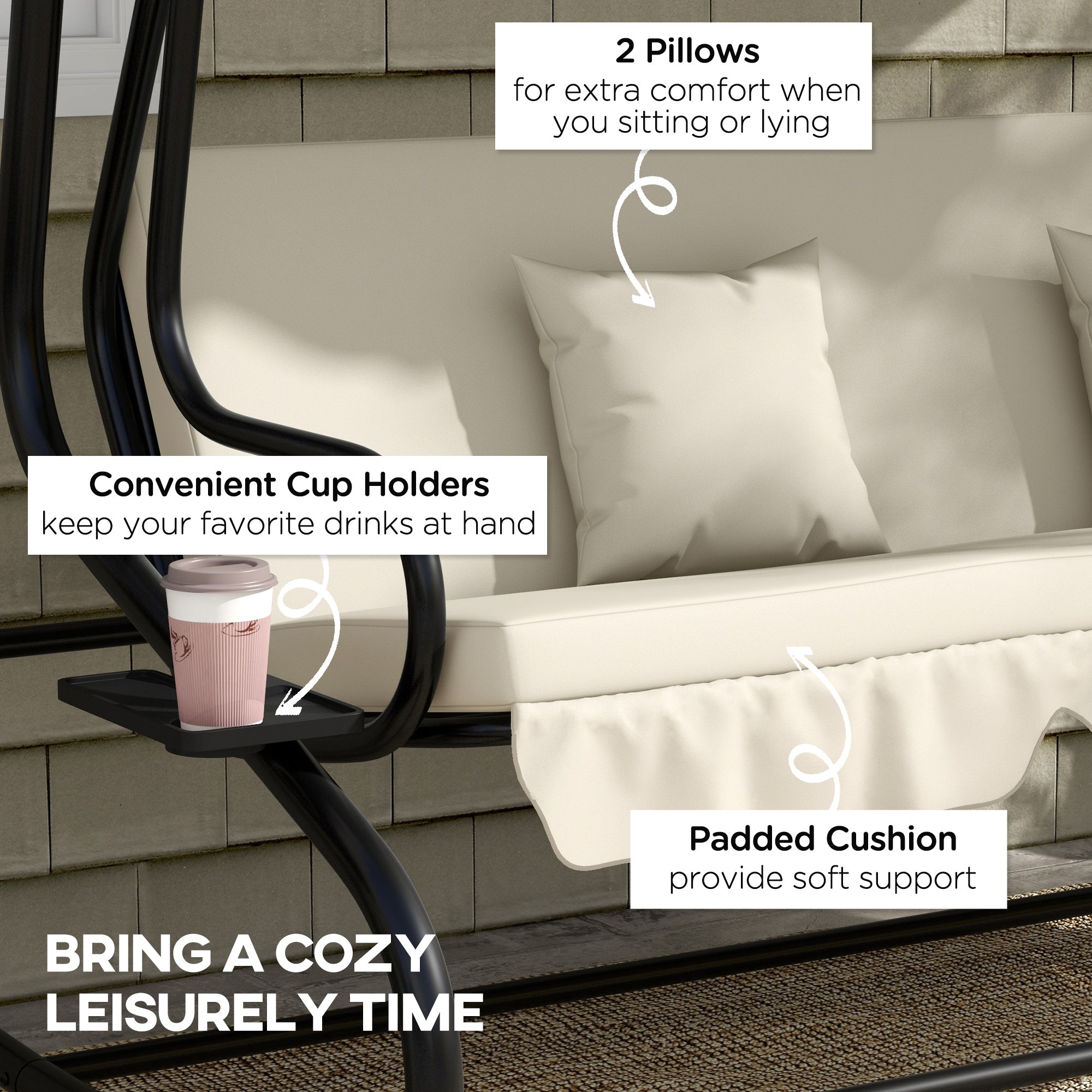 Convertible Three-Seater Swing Chair Bed with Canopy and Cushions - Cream