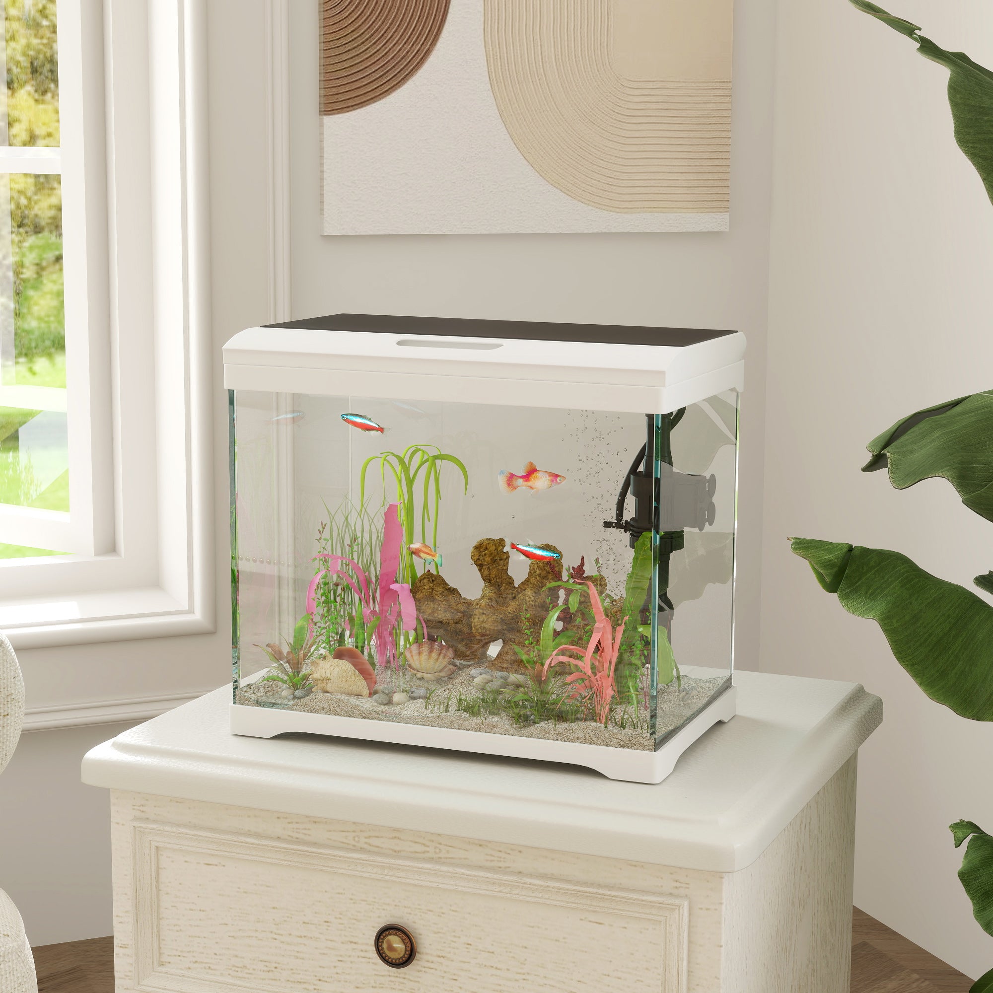 17L Glass Fish Tank with Filter System, LED Light, Water Pump, for Betta, Goldfish, Shrimps, White