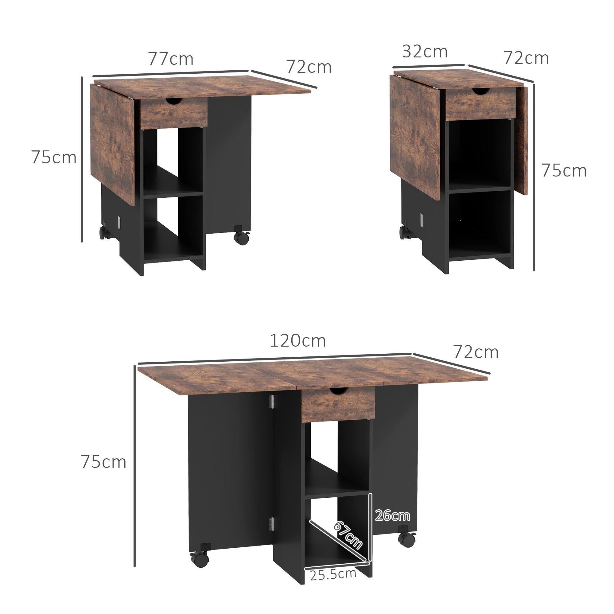 Folding Drop Leaf Dining Table with Drawer and Storage Shelves for Small Spaces - Rustic Brown