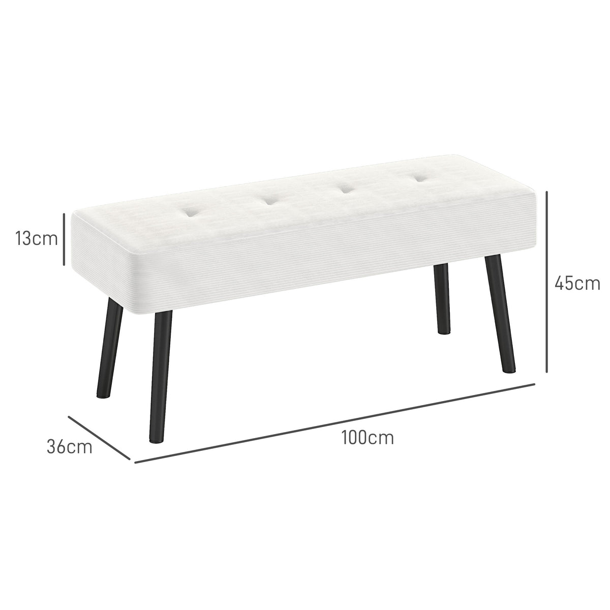 End of Bed Corduroy Bench with Thick Padding and Steel Legs - Cream White