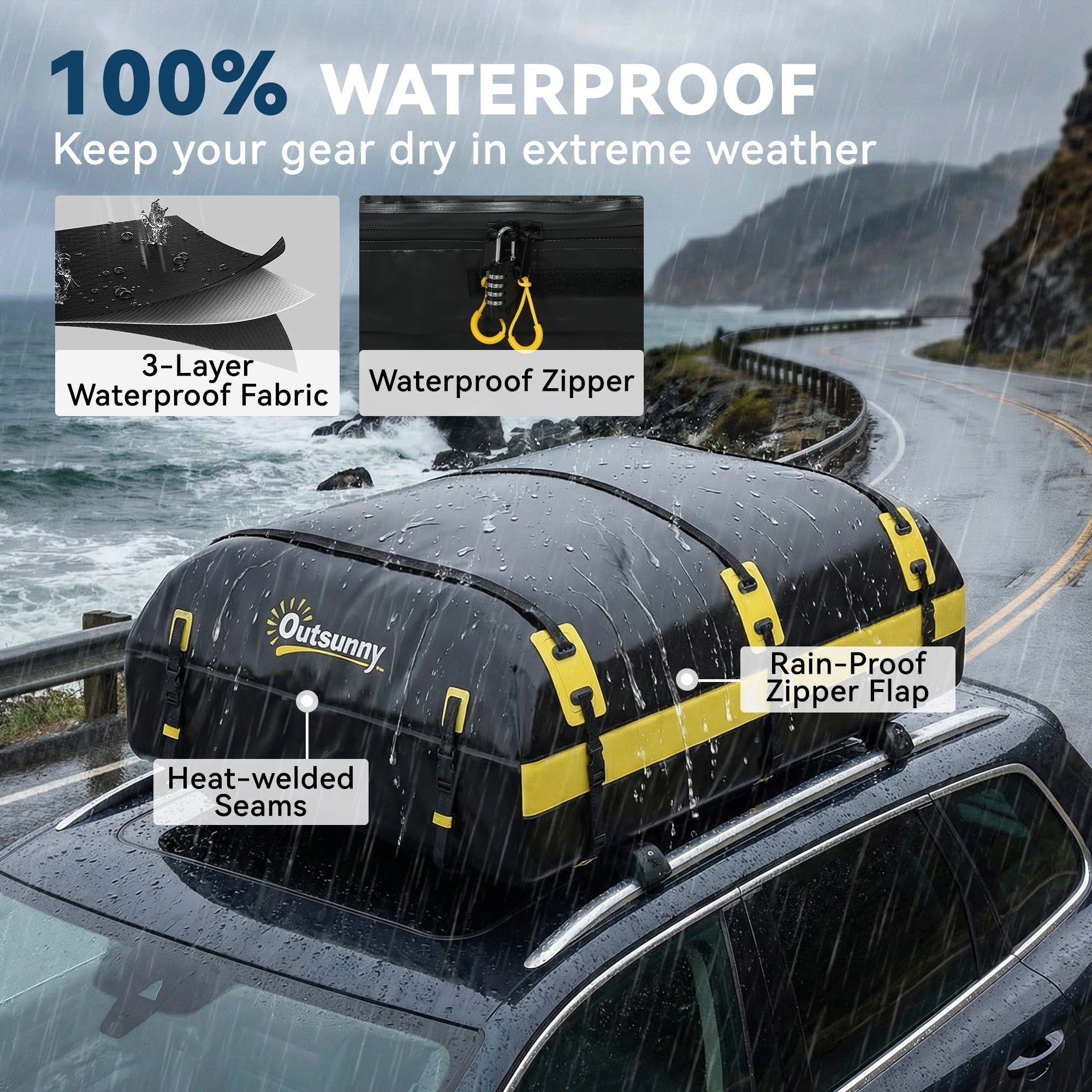 Car Roof Bag, 21 Cubic Feet Waterproof Soft Car Roof Box Roofing Cargo Carrier w/ Reflective Arrows, Door Hooks, Yellow