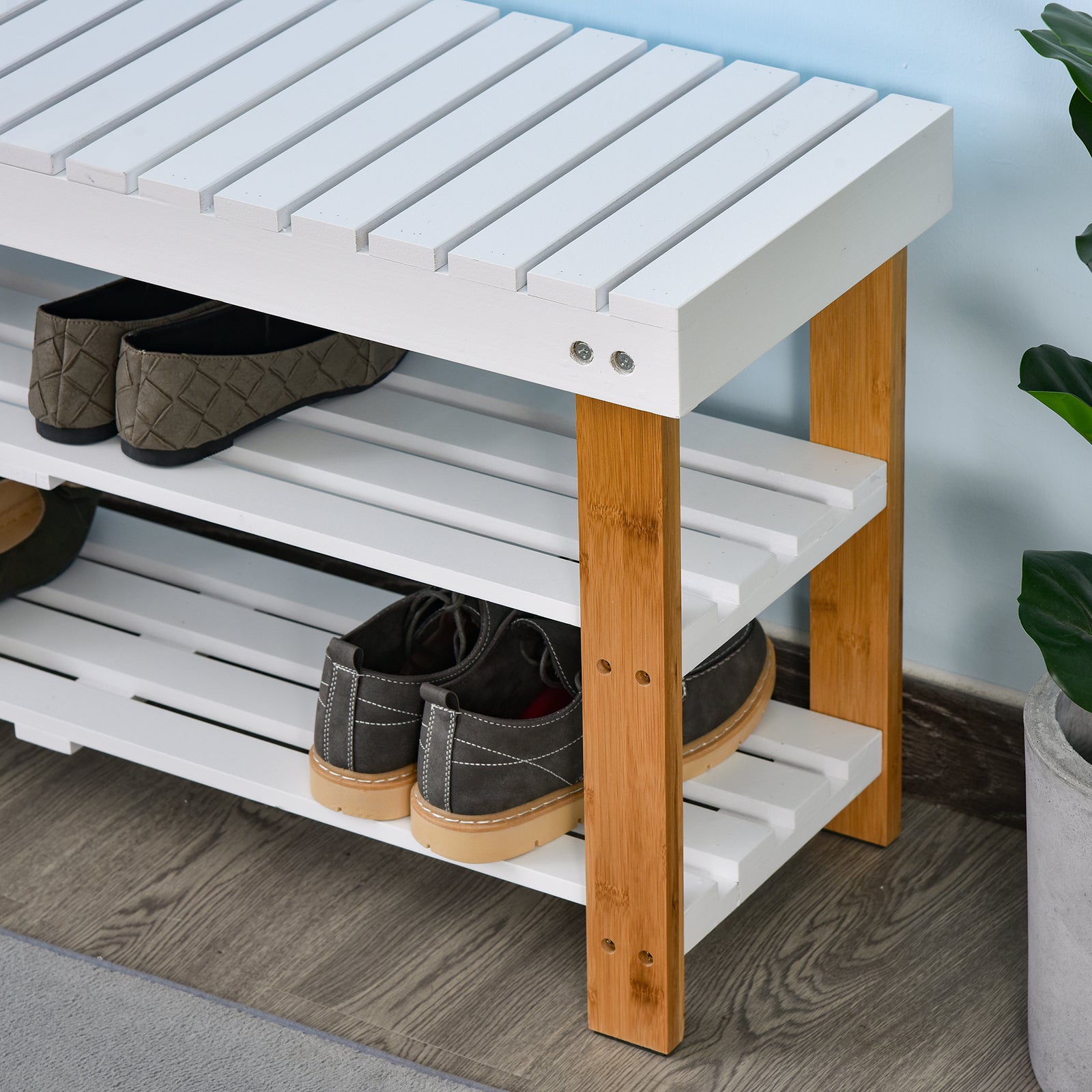 Shoe Bench, 3-Tier Wooden Shoe Rack with Hidden Storage Compartment, Slatted Shelves, Home Storage Unit, Hallway Furniture, Natural, 90L x 29W x45H cm